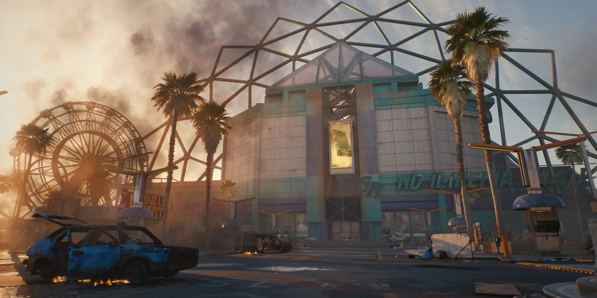 A burning car outside the Grand Imperial Mall in Cyberpunk 2077