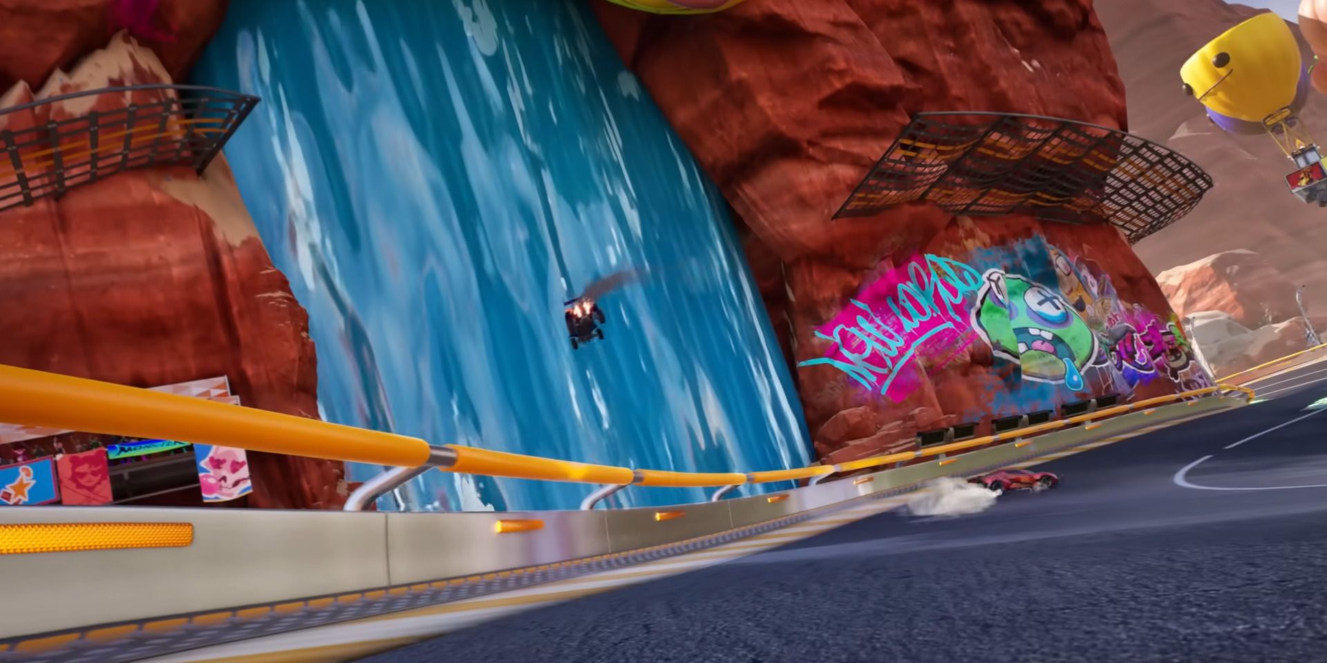 Cars going through the waterfall shortcut in Fortnite Rocket Racing