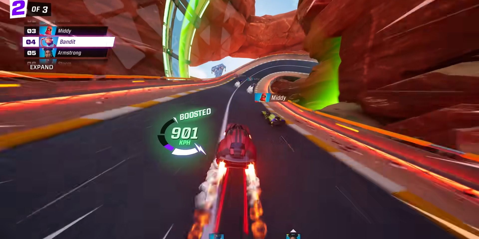 A car that uses its boost to overtake in Fortnite Rocket Racing