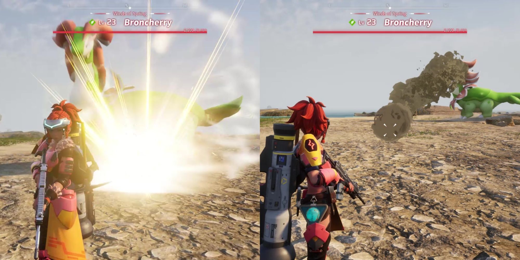 A collage showing Alpha Boss Broncherry using Muscle Slam and Sand Blast