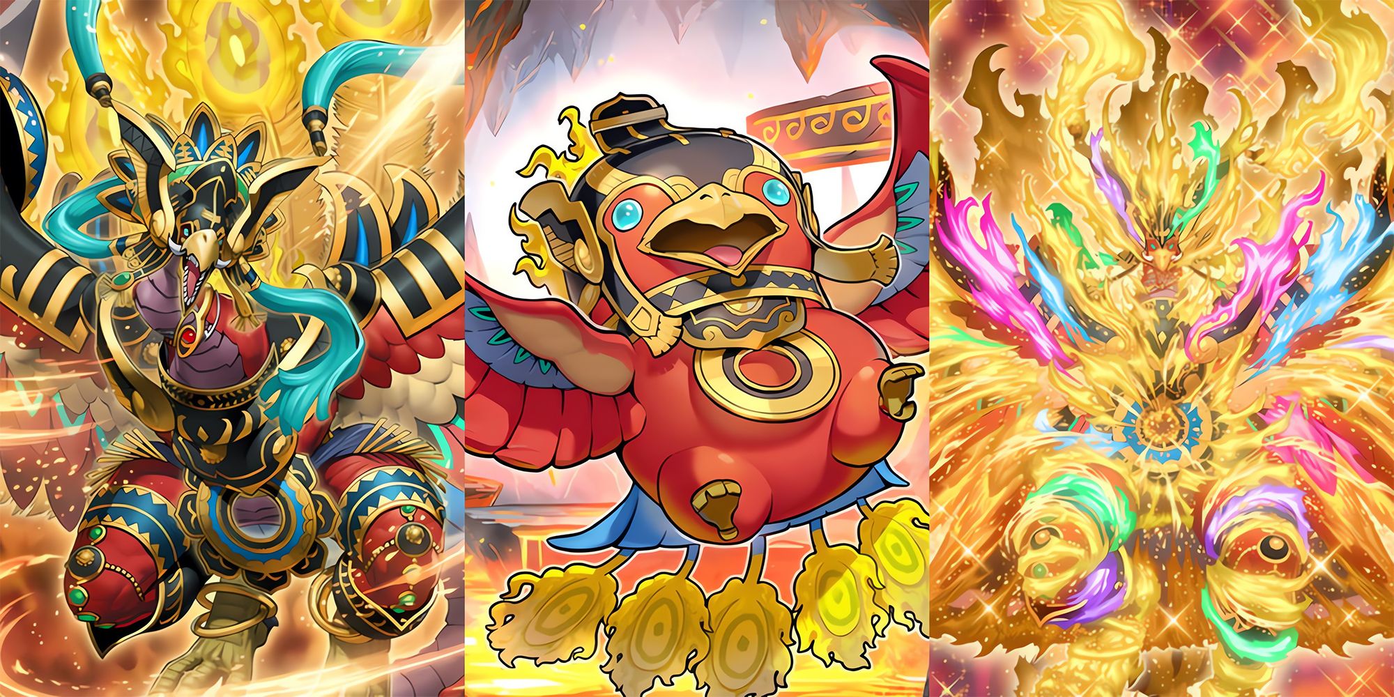 A collage showing the artwork of Sacred Fire King Garunix, Legendary Fire King Ponix, and Garunix Eternity, Hyang of the Fire Kings from the Yu-Gi-Oh TCG
