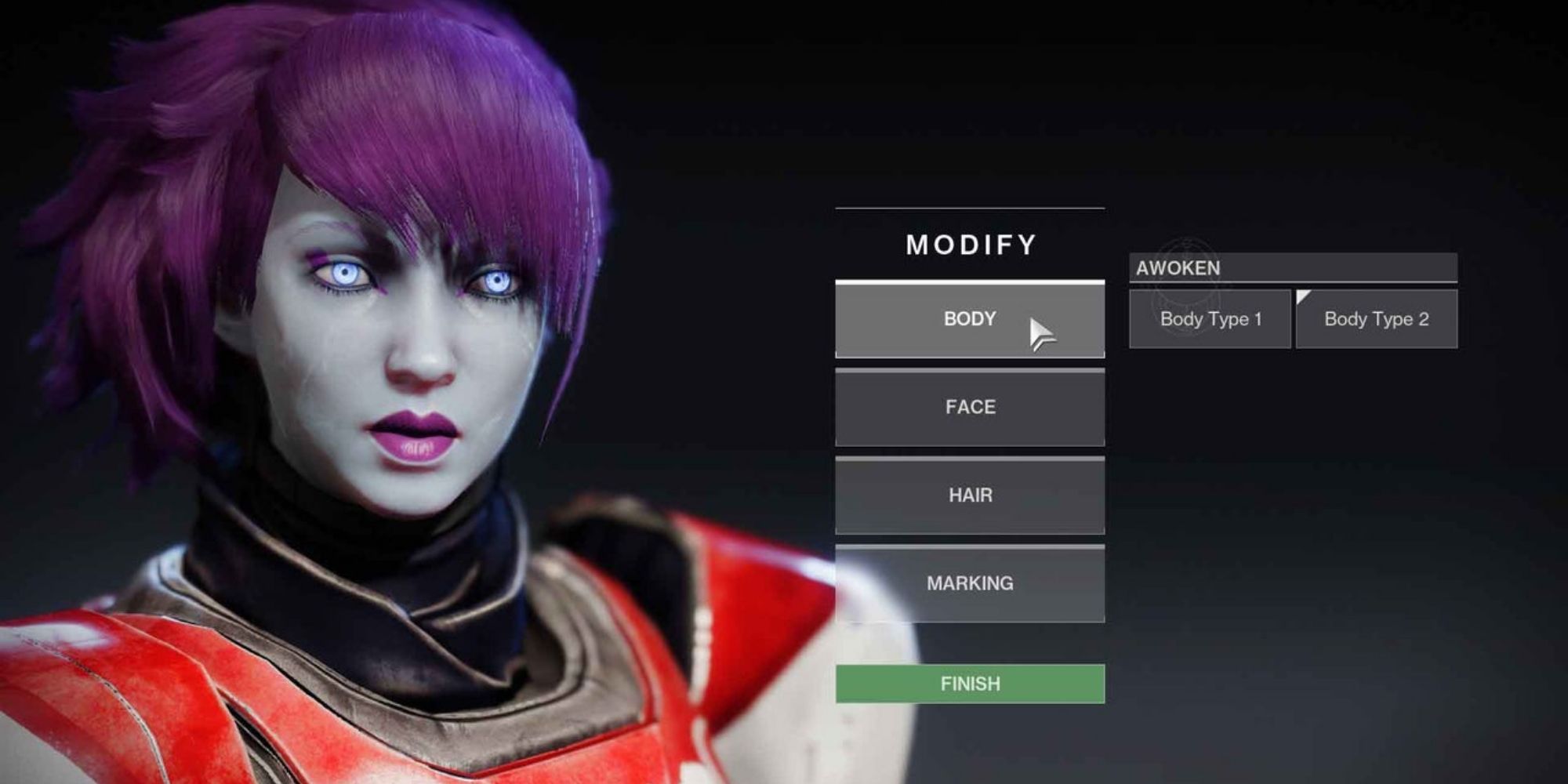 A Destiny character with grey skin and purple hair stood next to several customization options