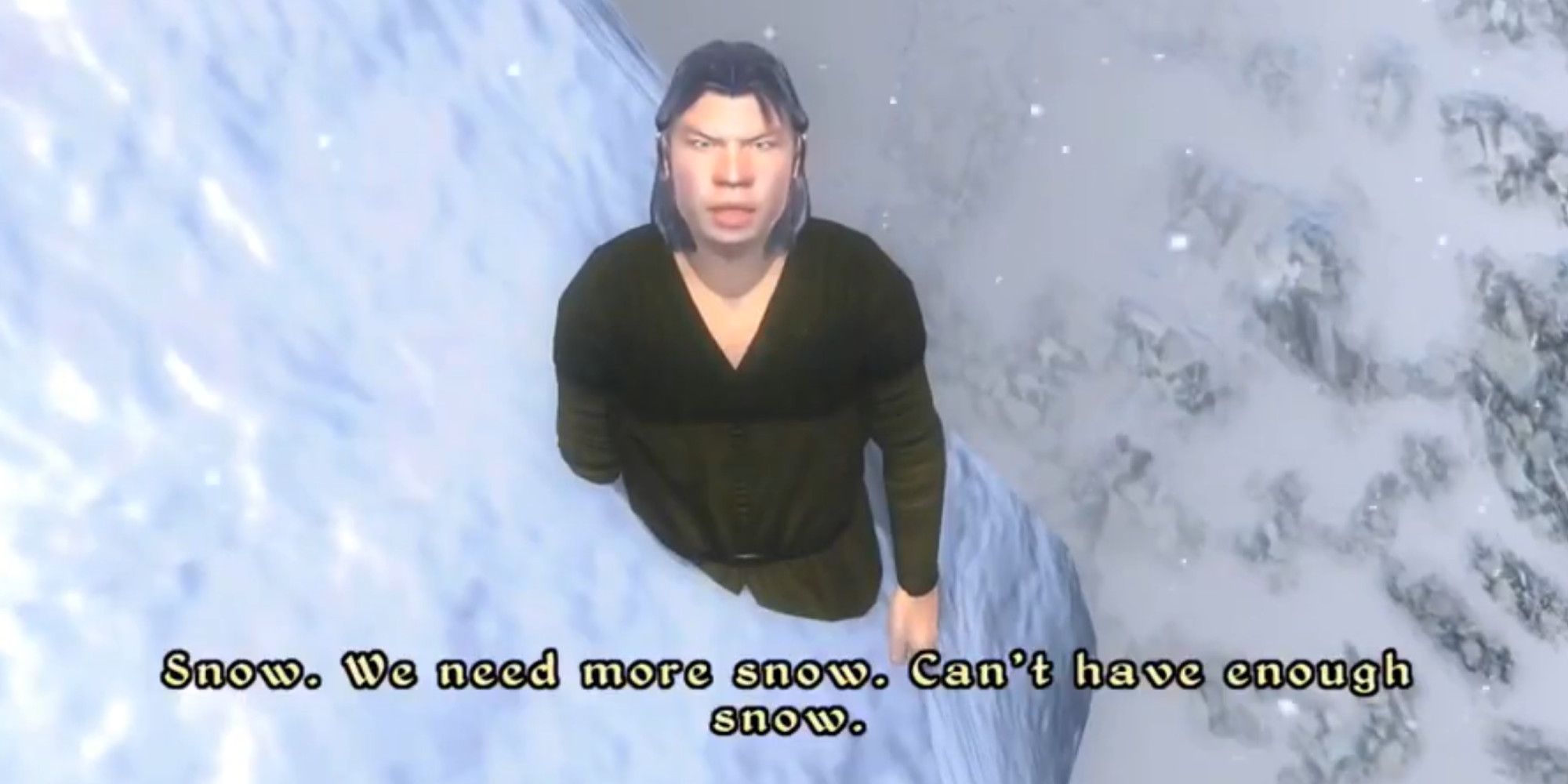 A man in the Elder Scrolls 4 Oblivion stood in a pile of snowing claiming he needs more snow