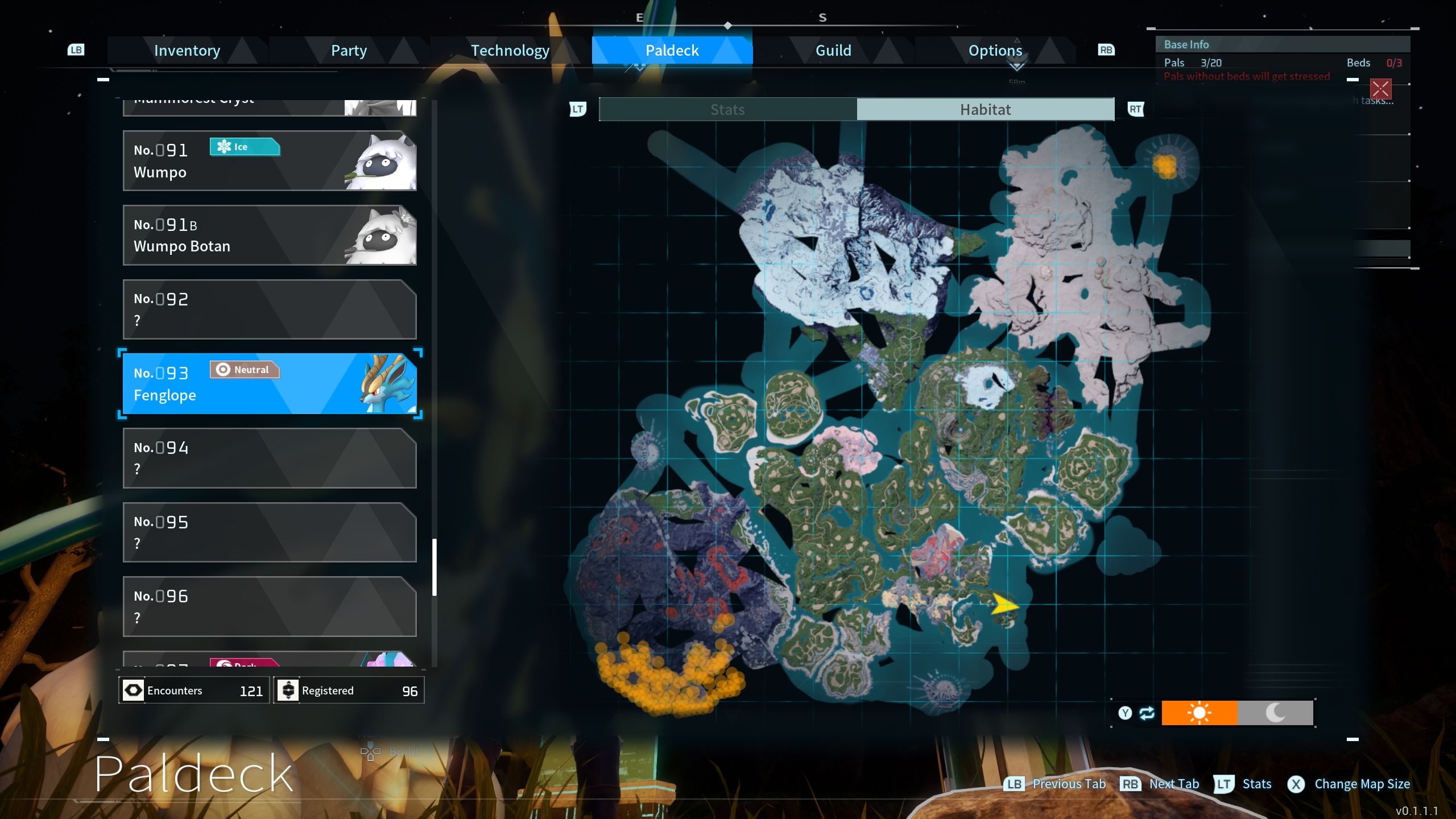 A map picture showing all the possible locations for Fenglope Palworld