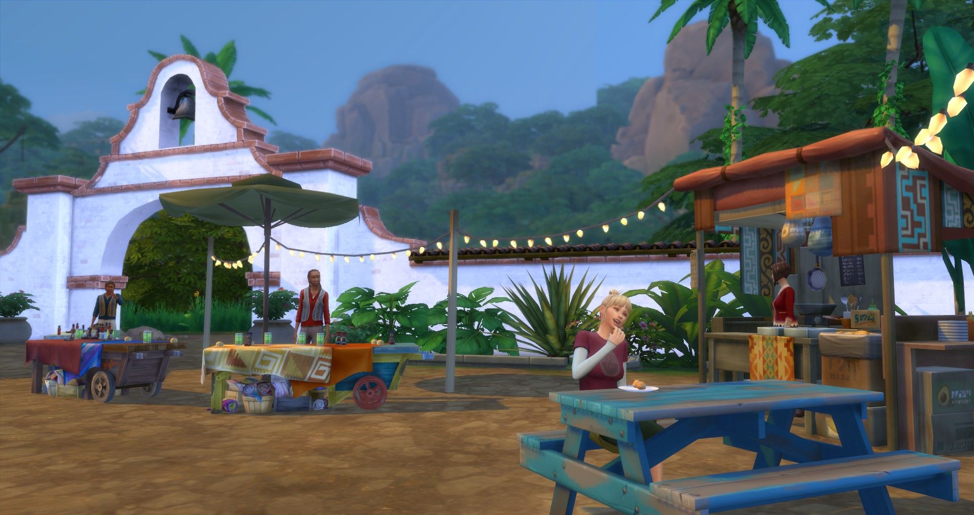 Ein Sim, der auf dem Marktplatz in Selvadorada selvadorianisches Essen isst, die Fertigkeit „Sims 4 Jungle Adventure“ in selvadorianischer Kultur