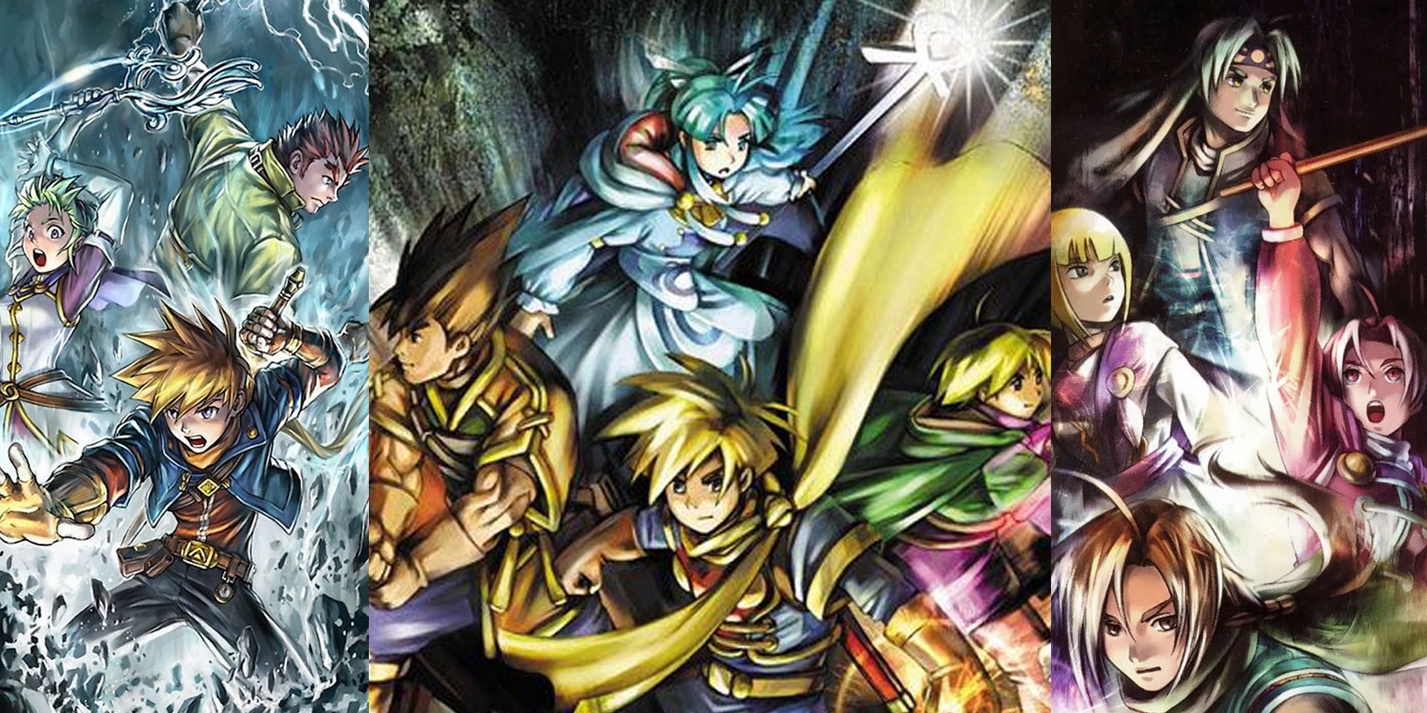 A Split Image Depicting Character Art Of The Heroes In The Golden Sun Series