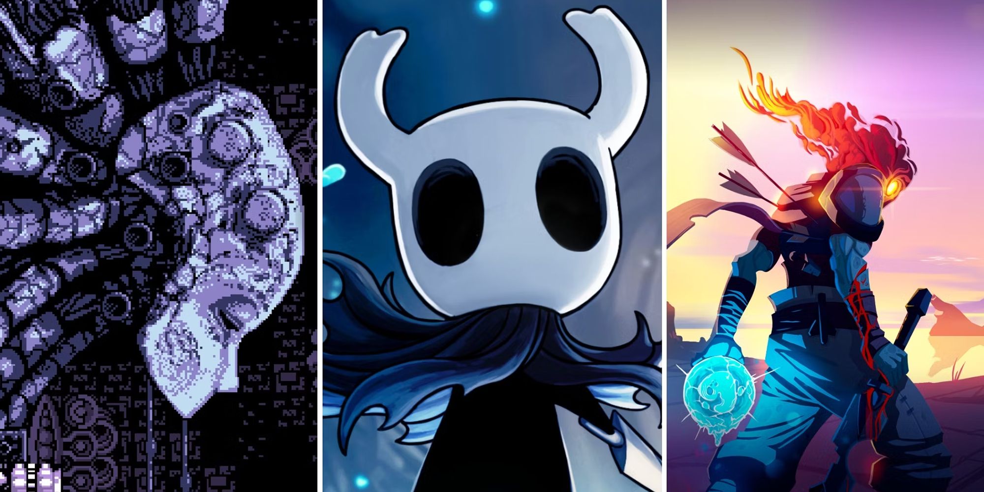 A Split Image Depicting Scenes From Axiom Verge, Hollow Knight, And Dead Cells