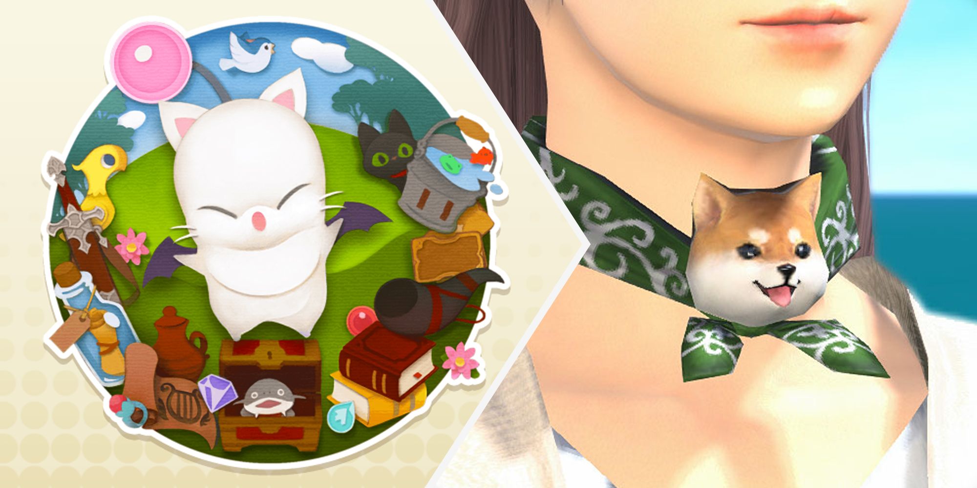 A split image of a moogle and the mameshiba neckerchief in Final Fantasy 14.