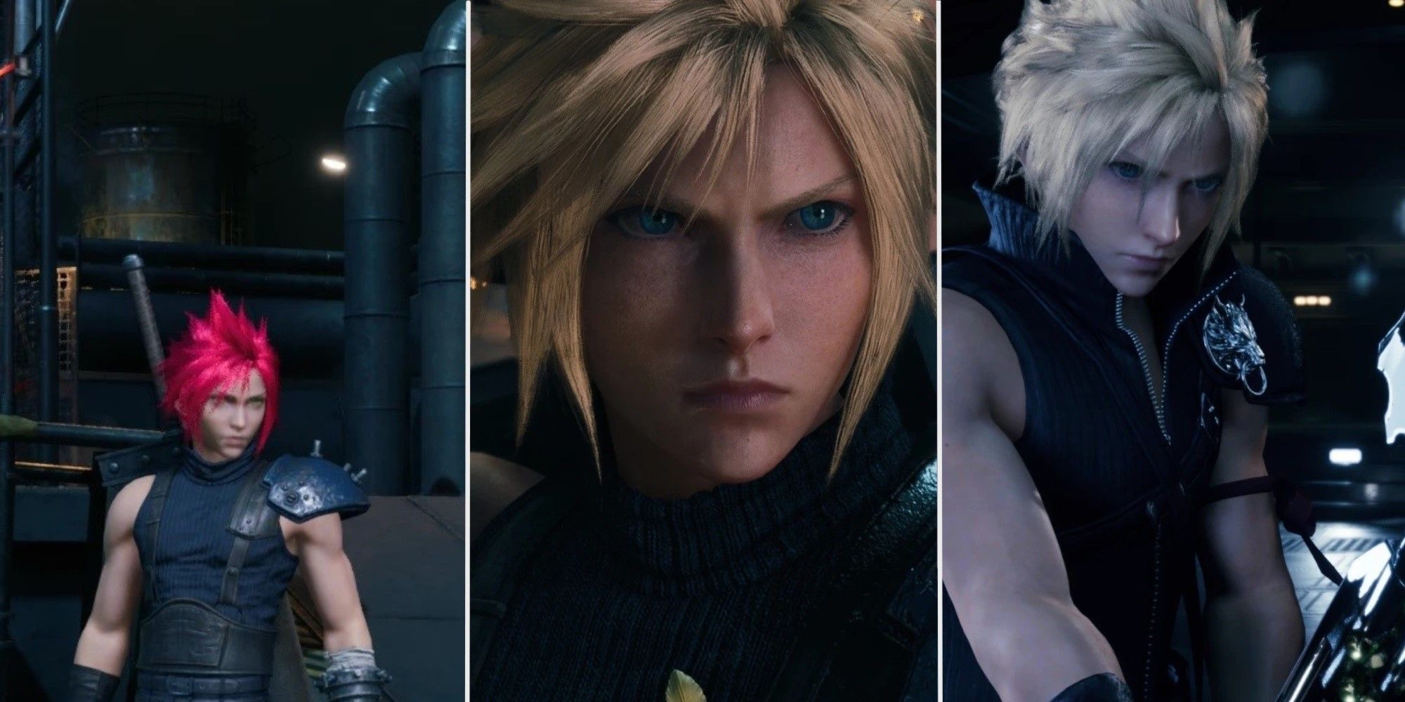 A split image showing Cloud in different attires in Final Fantasy 7 Remake mods