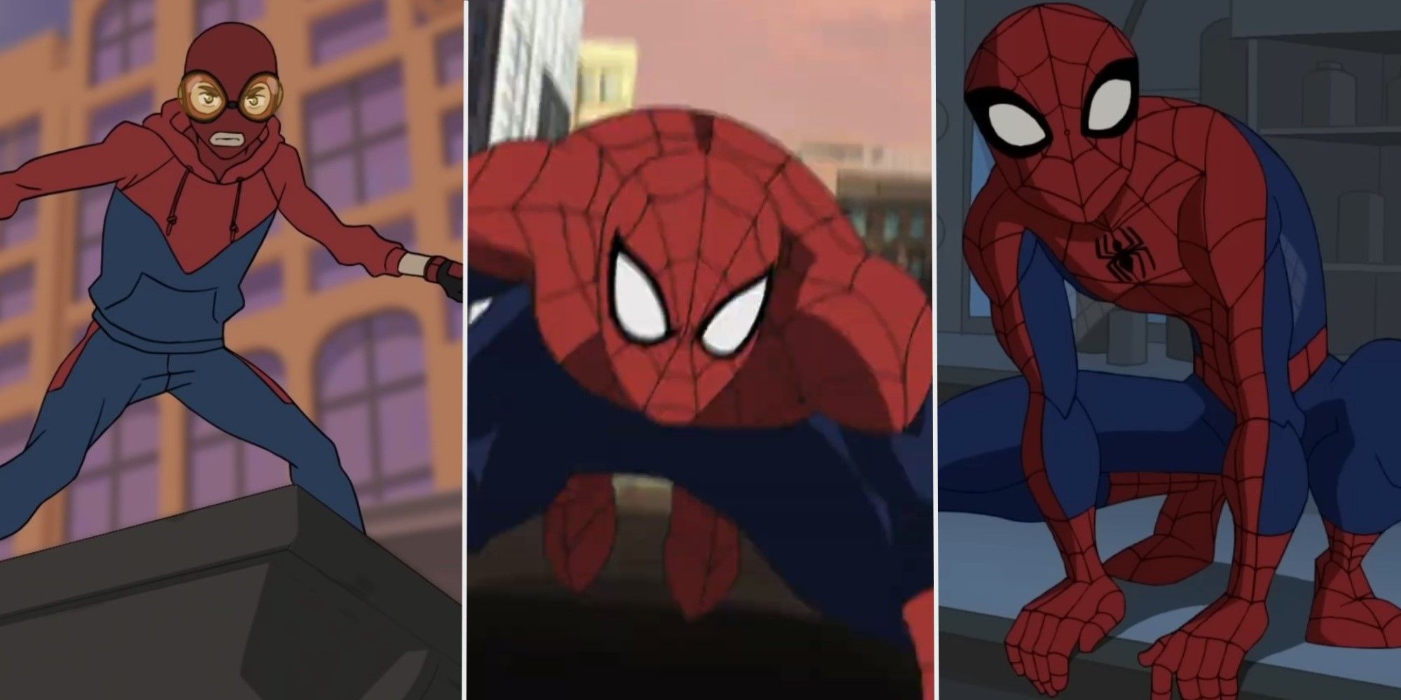 A split image showing Spider-Men from three different animated Spider-Man shows