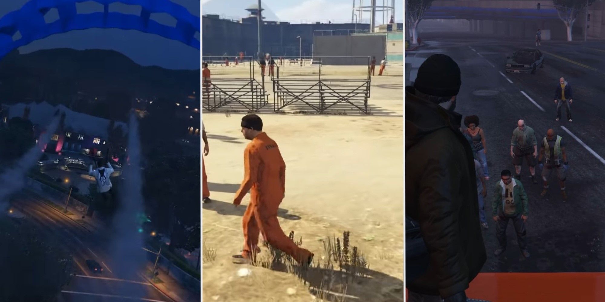 A split image showing the Just Cause Parachute Thrusters, the Prison Mod and the Simple Zombies Mod in GTA V