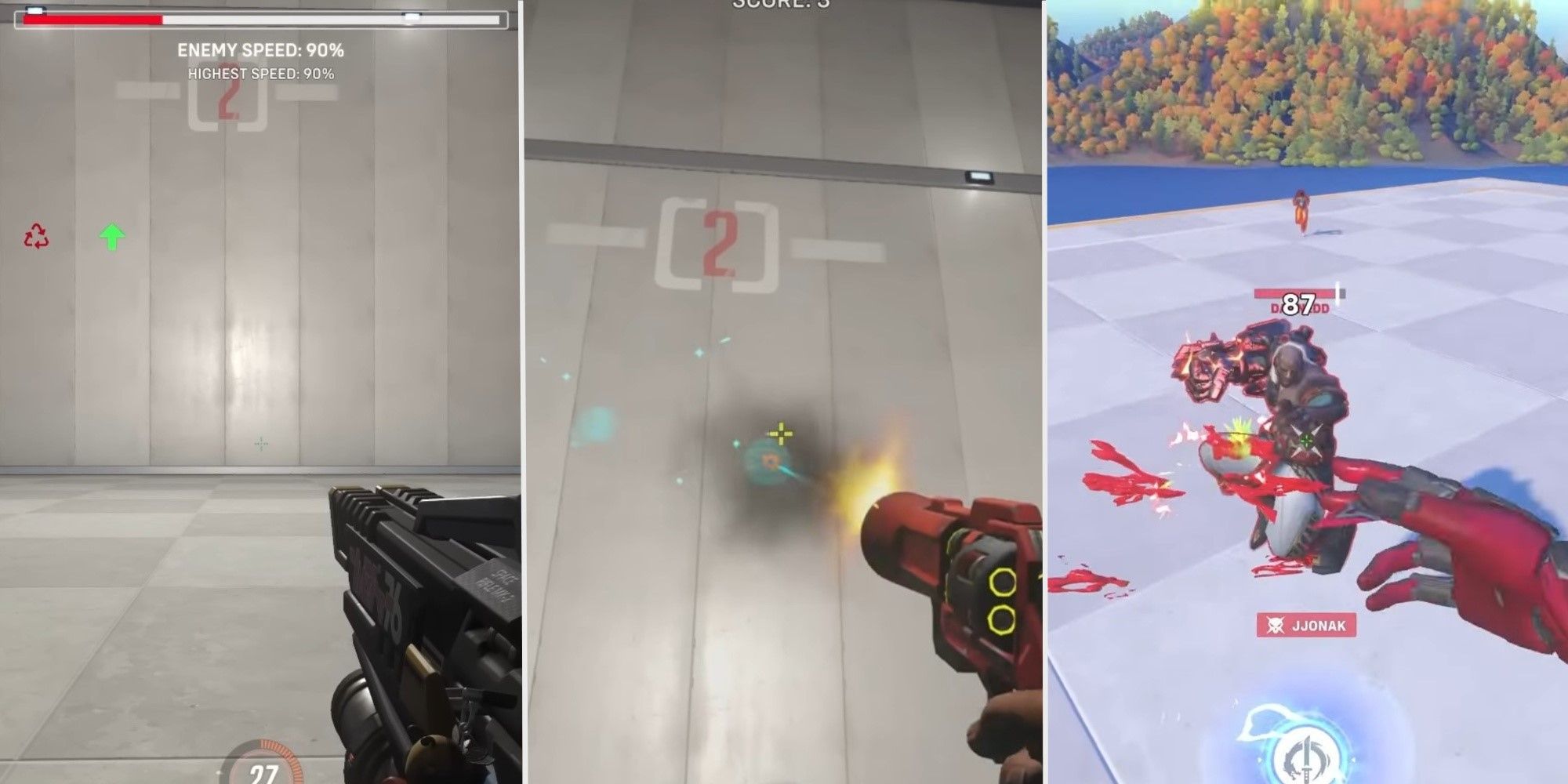A split image showing various different aim training maps in Overwatch 2