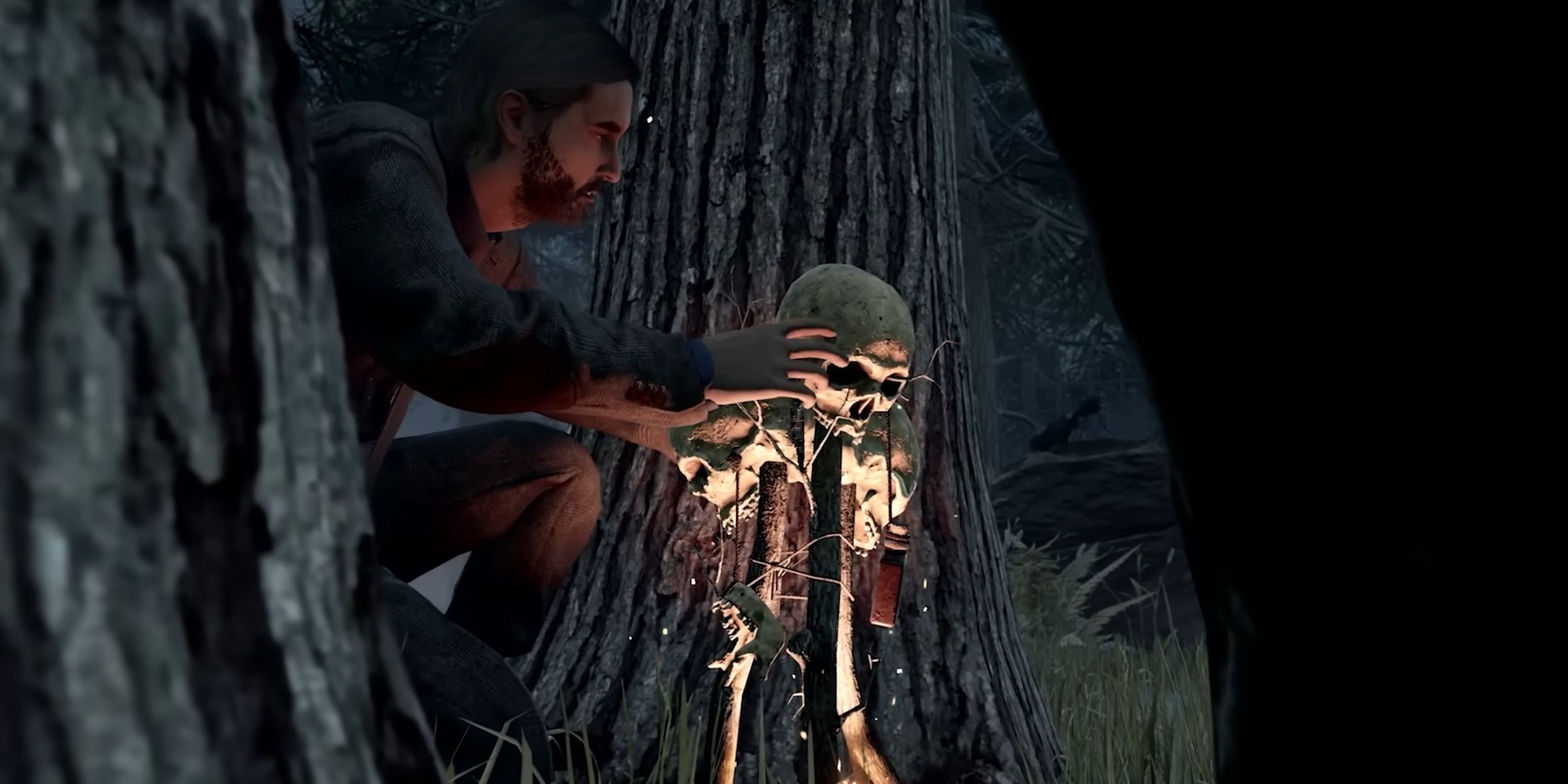 Dead By Daylight Alan Cleanses a Hex Totem. It glows a sinister yellow and illuminates Alan's face