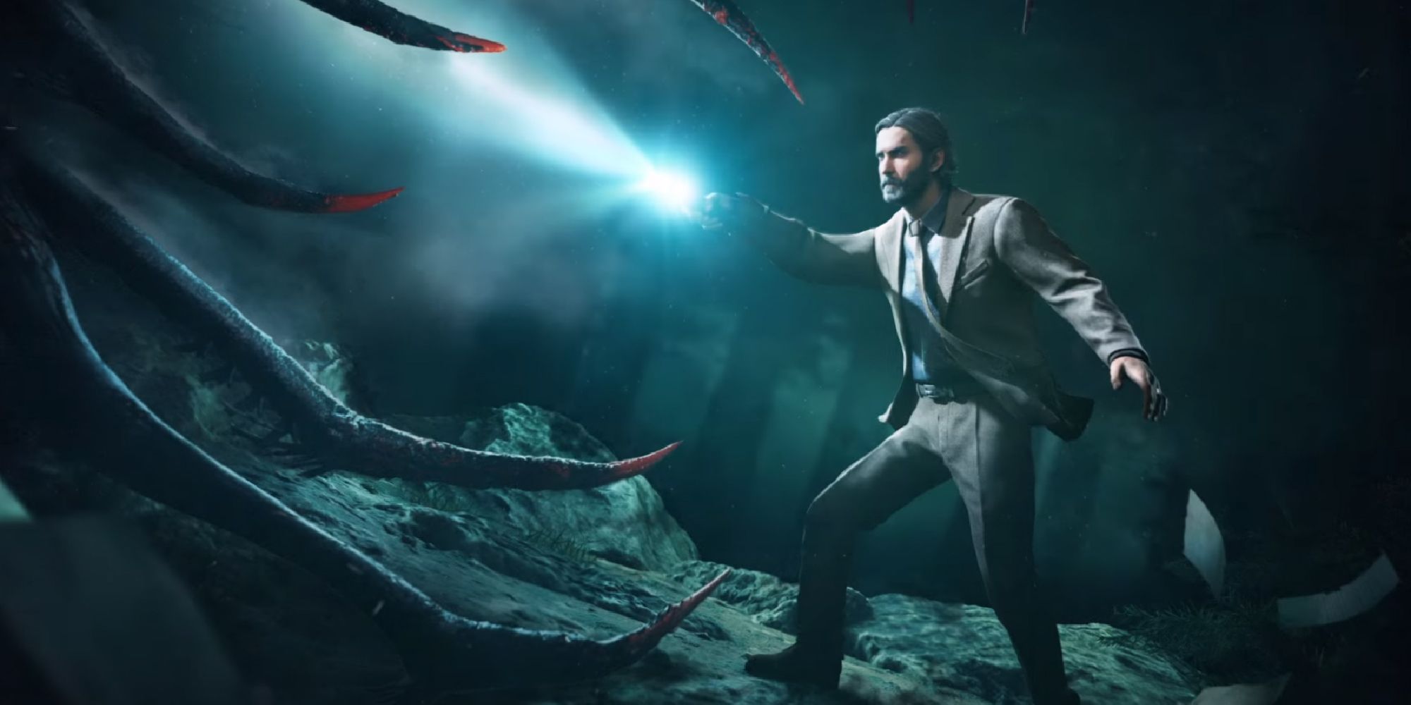 Alan Wake shining a flashlight at a monster in Dead by Daylight as his manuscript scatters around him