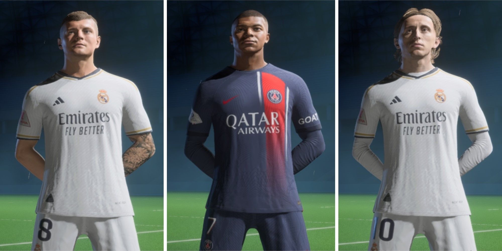 An image of Toni Kroos, Kylian Mbappe and Luka Modric in EA Sports FC 24