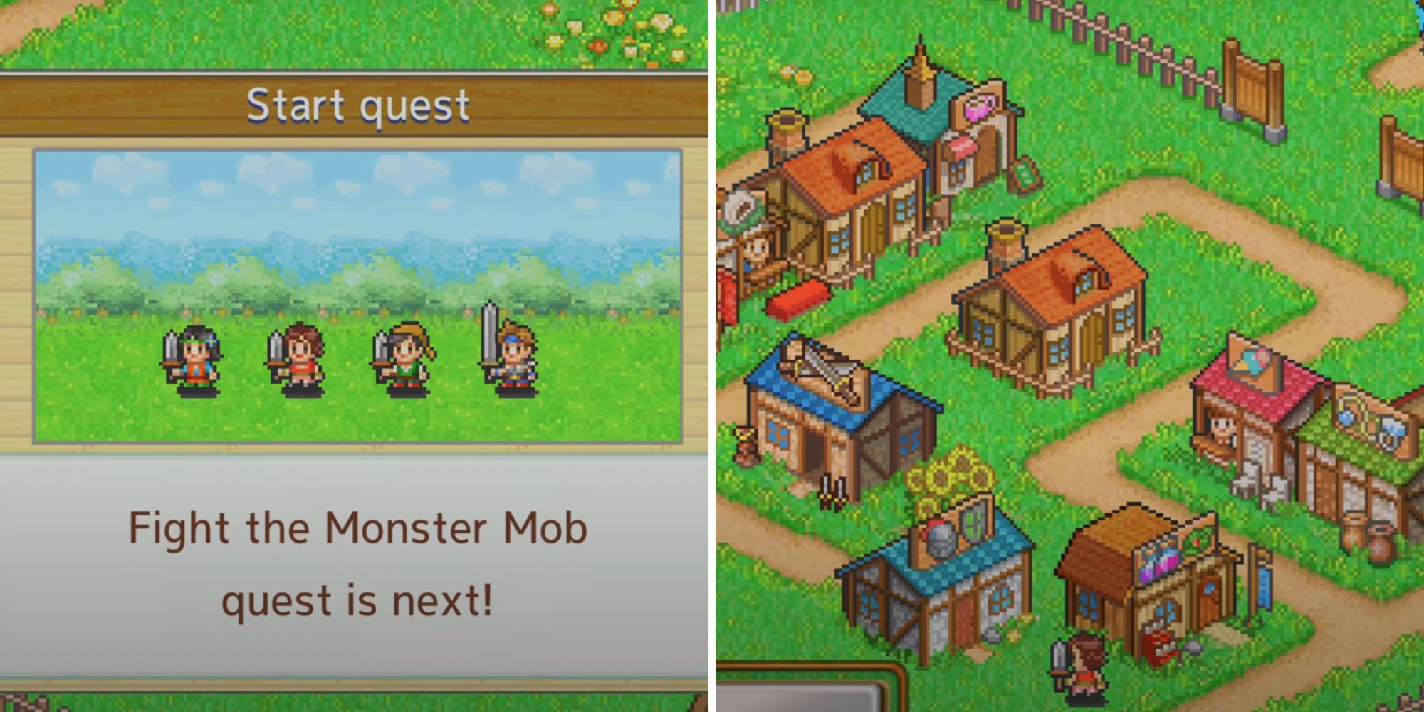 A split image of a four-person party of pixelated adventurers, and an isometric view of a pixelated village.