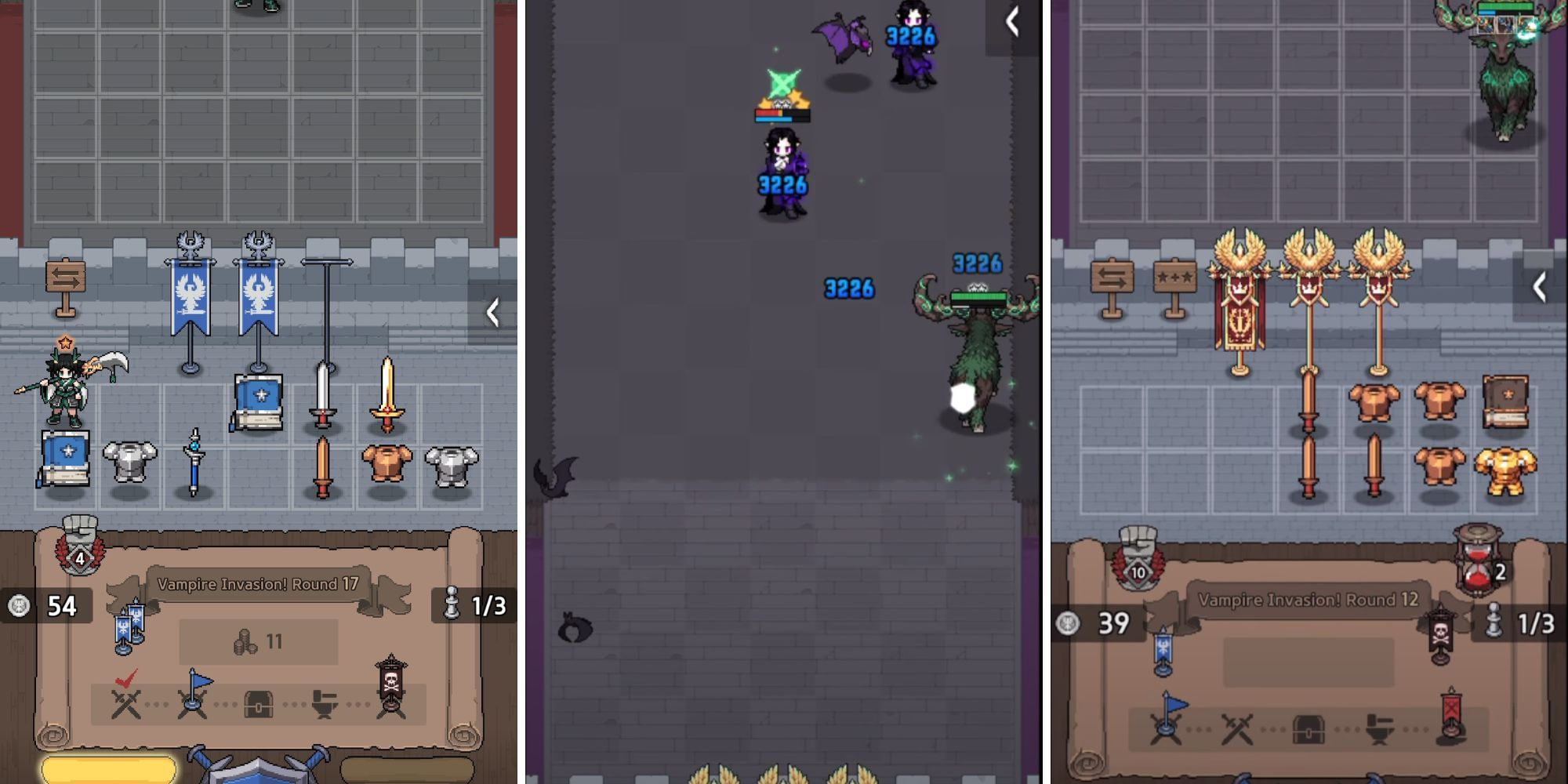 A split image showing blue, copper, steel, and other colored equipment, like spears and armor, and simple combat with blue damage numbers. 