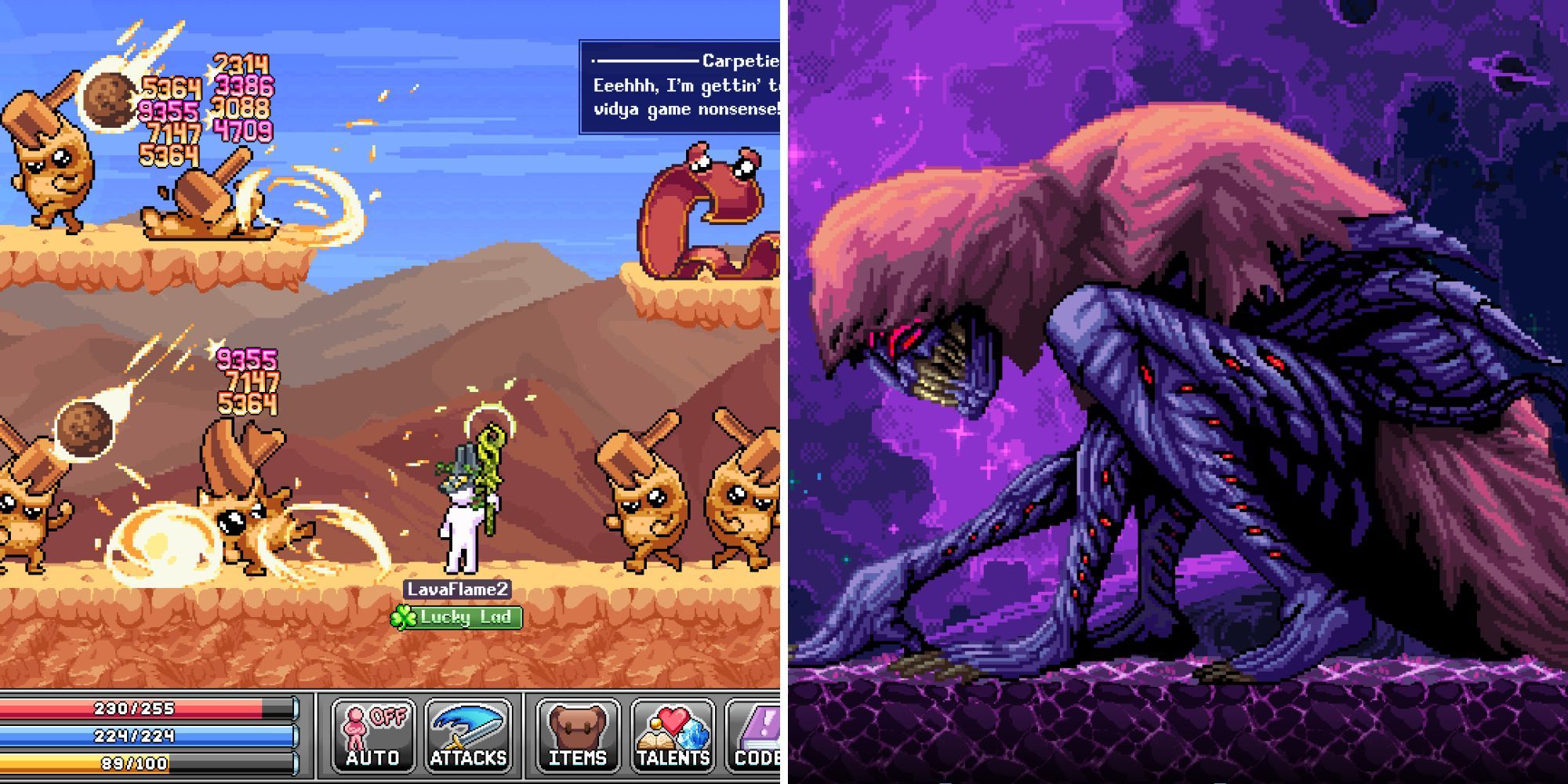 A split image of a large purple-skinned creature with sharp teeth, and a pixel art character fighting what appears to be potatoes with arms, legs, and faces.