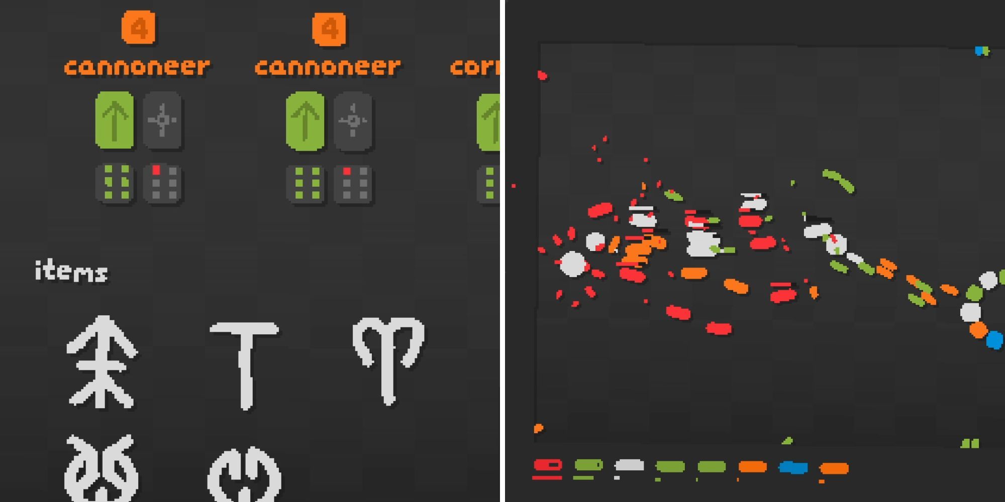 A split image of white symbols representing player items, and various red, orange, white, and blue, oblong shapes on a dark battle screen.