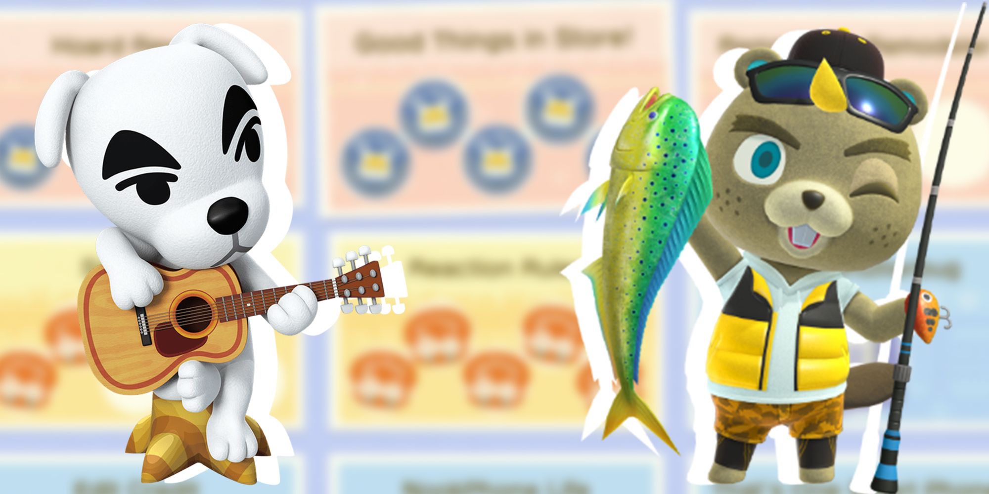 Animal Crossing: New Horizon's K.K. Slider and CJ posing over a blurred Nook Miles background