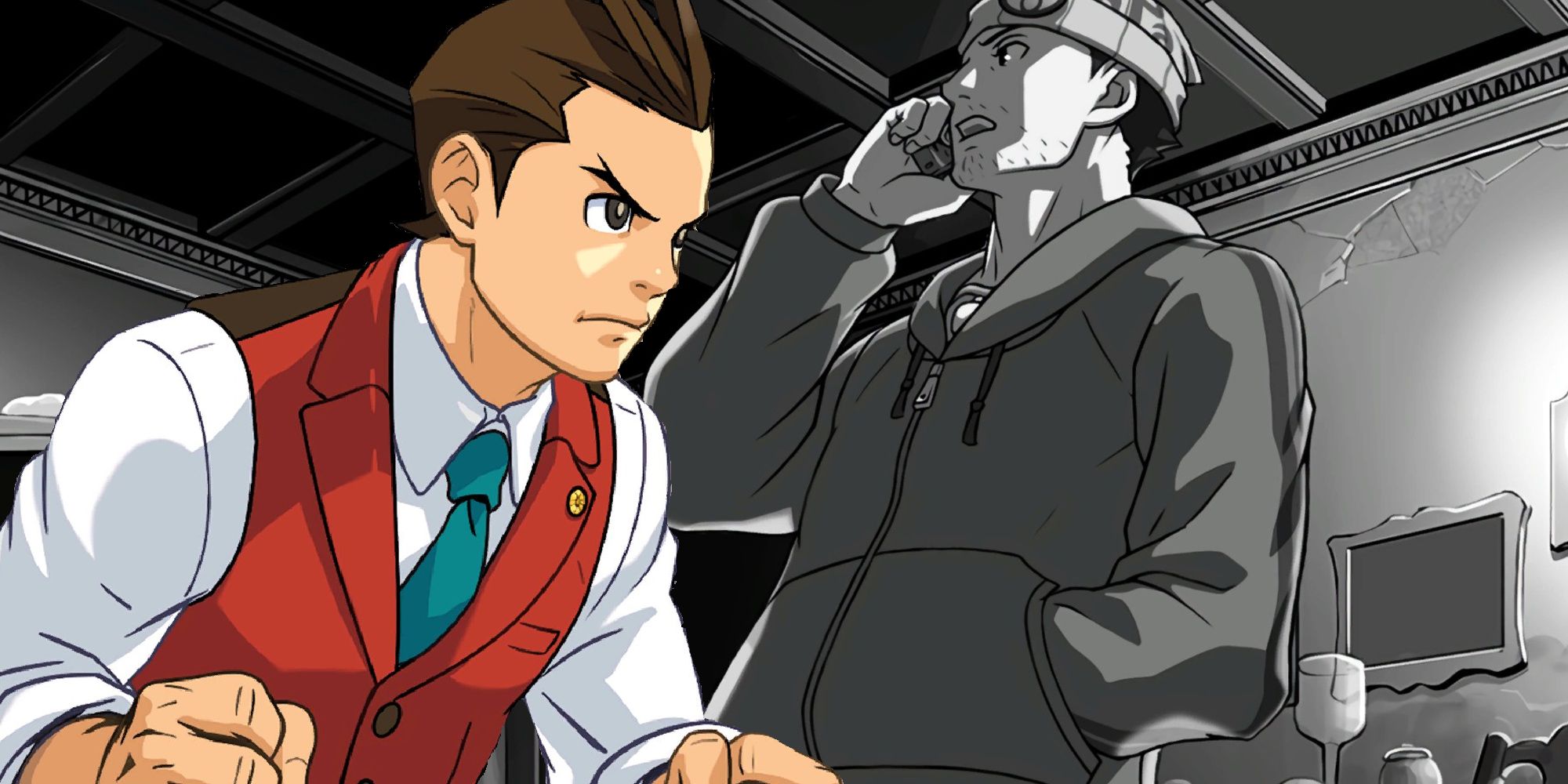 Apollo Justice overlaid on a black and white picture of Phoenix Wright