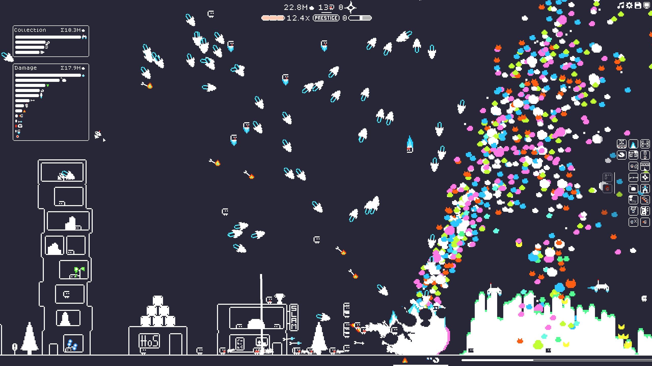 The rock spews forth multicolor shards, as it is full of arrows a made vulnerable by a dark crack. Rockets await in the sky to come down.