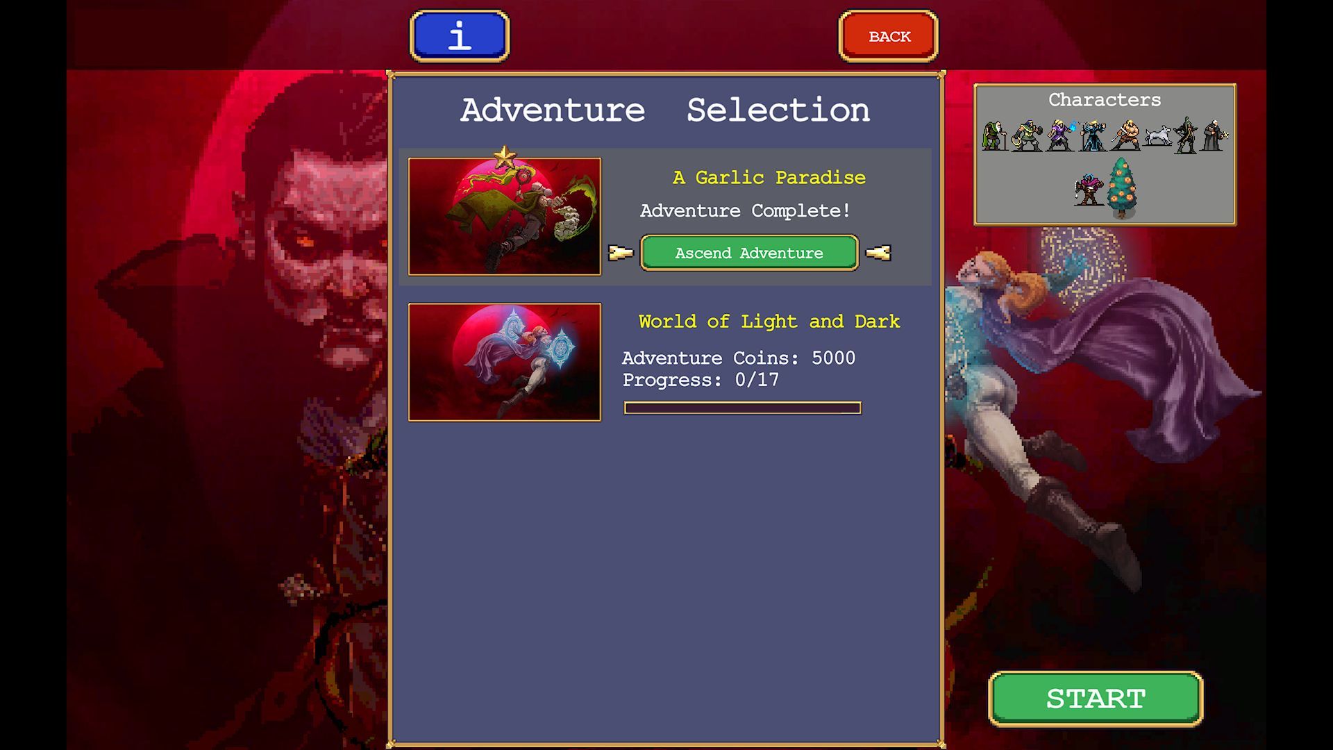 The Adventure Selection Menu highlighting Ascend Adventure for A Garlic Paradise in Vampire Survivors.