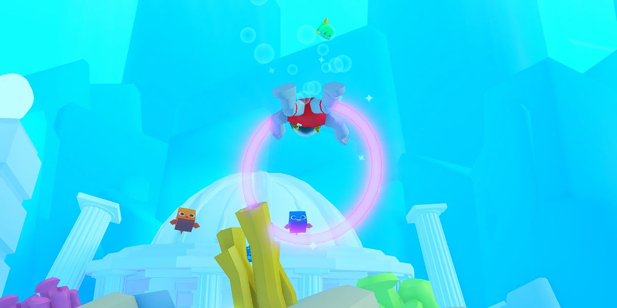 Der Atlantis-Minispielcharakter schwimmt durch einen Kreis unter dem Meer