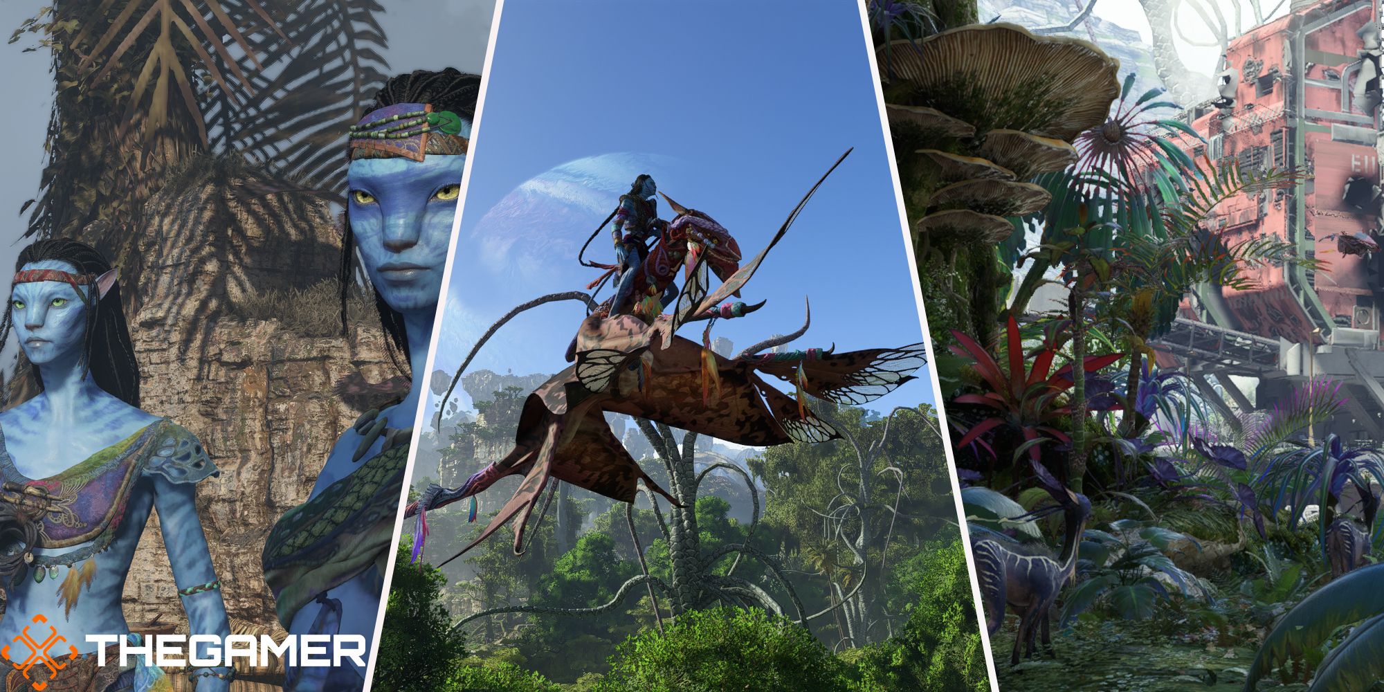 Avatar Frontiers Of Pandora combined images of Na'vi, ikran, and an RDA facility