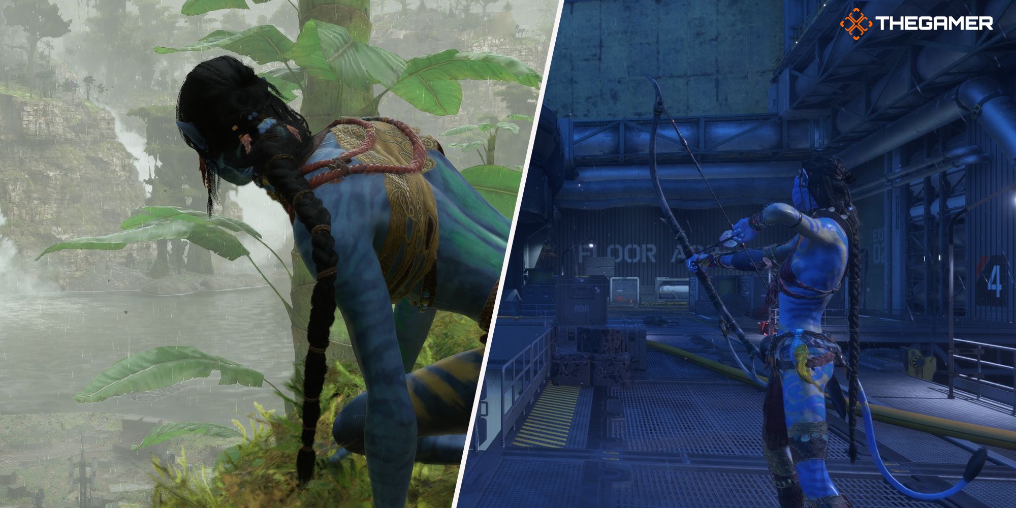 Avatar Frontiers Of Pandora kombinierte Bilder von Na'vi, die schleichen und Pfeile abfeuern