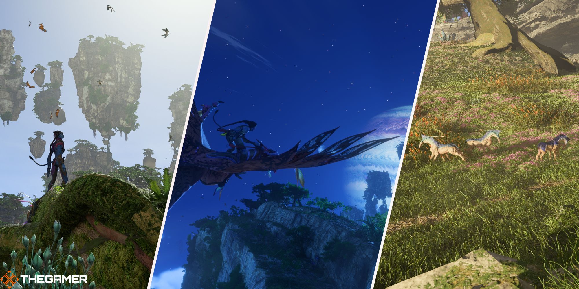 Avatar Frontiers Of Pandora combined images of the floating mountains, Na'vi, and direhorses