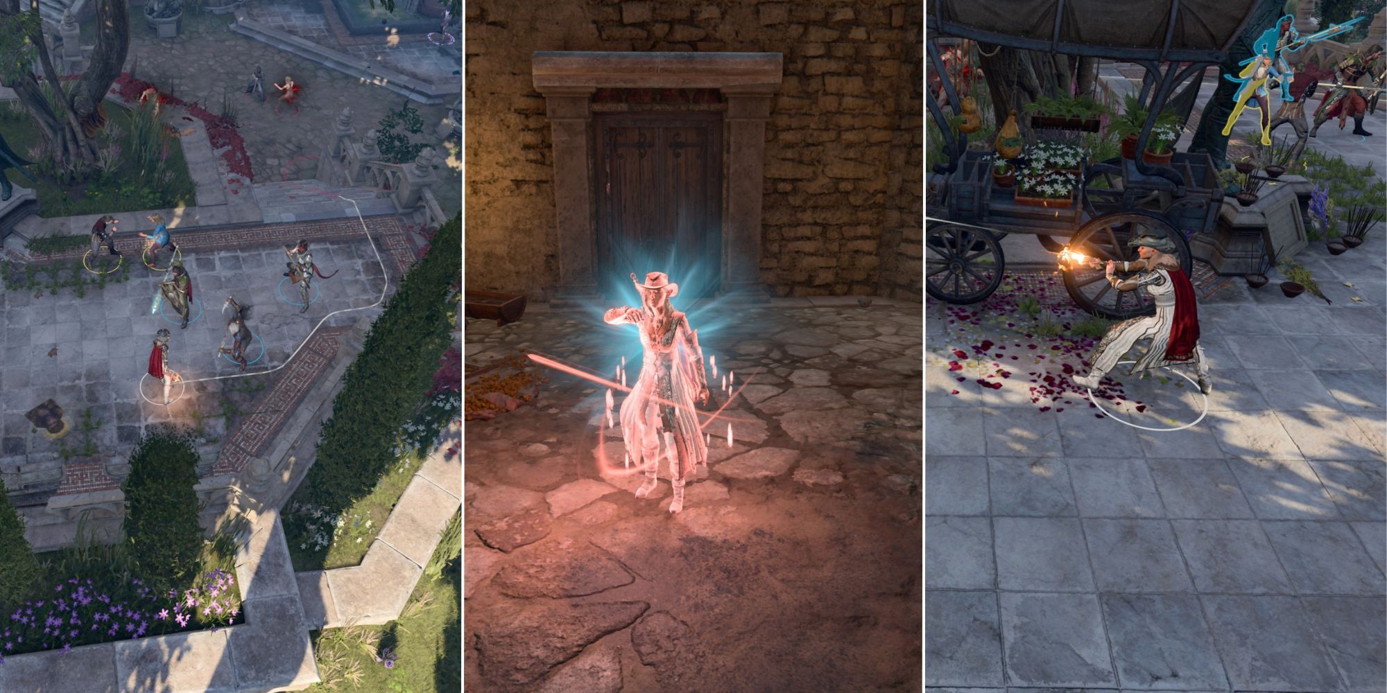 Baldur's Gate 3 split image of a fight, a player drinking a elixir of vigilance, and a player using dread ambusher