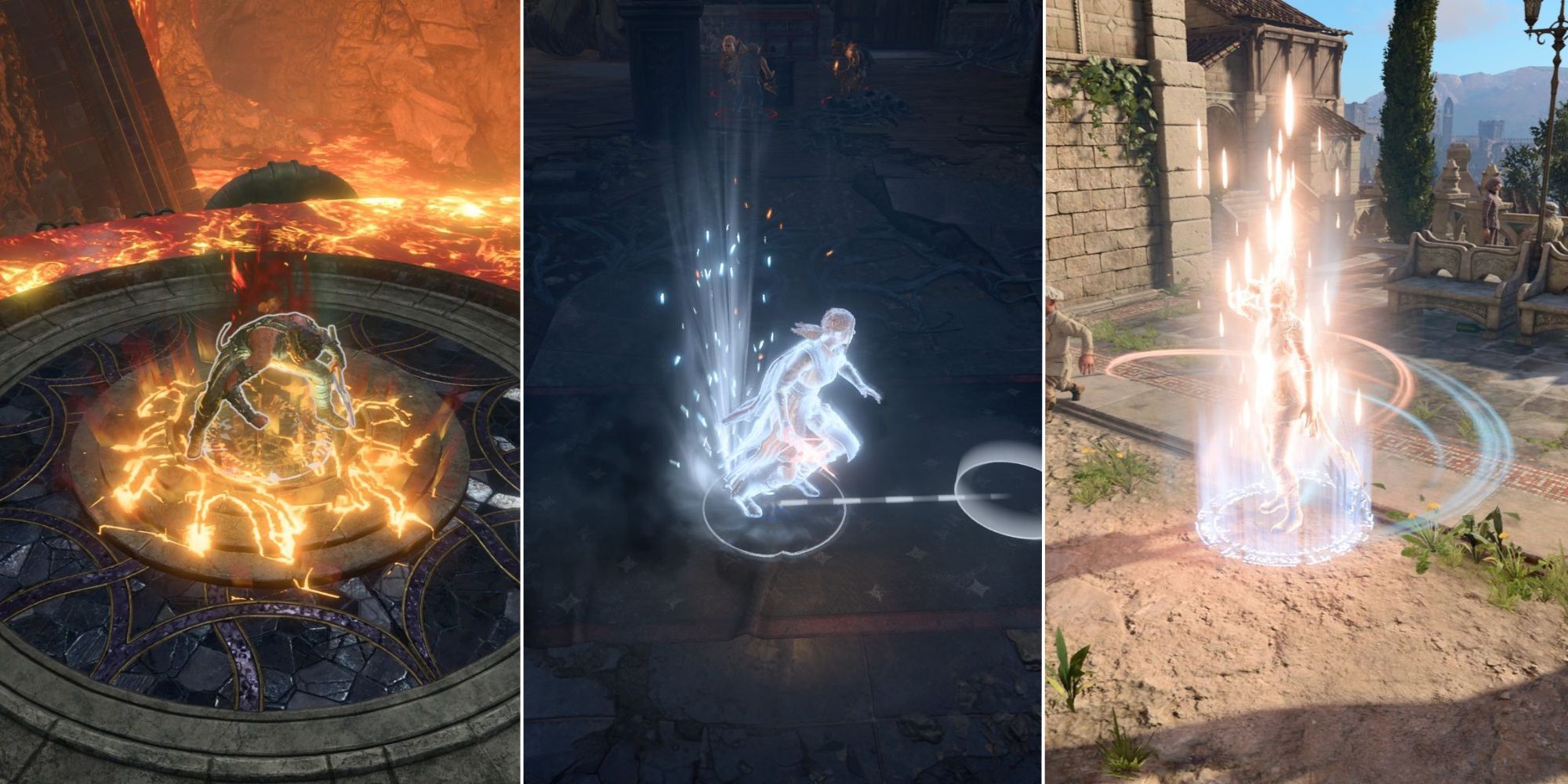 Baldur's Gate 3 split image of Karlach entering Rage, player dashing, and player drinking a potion