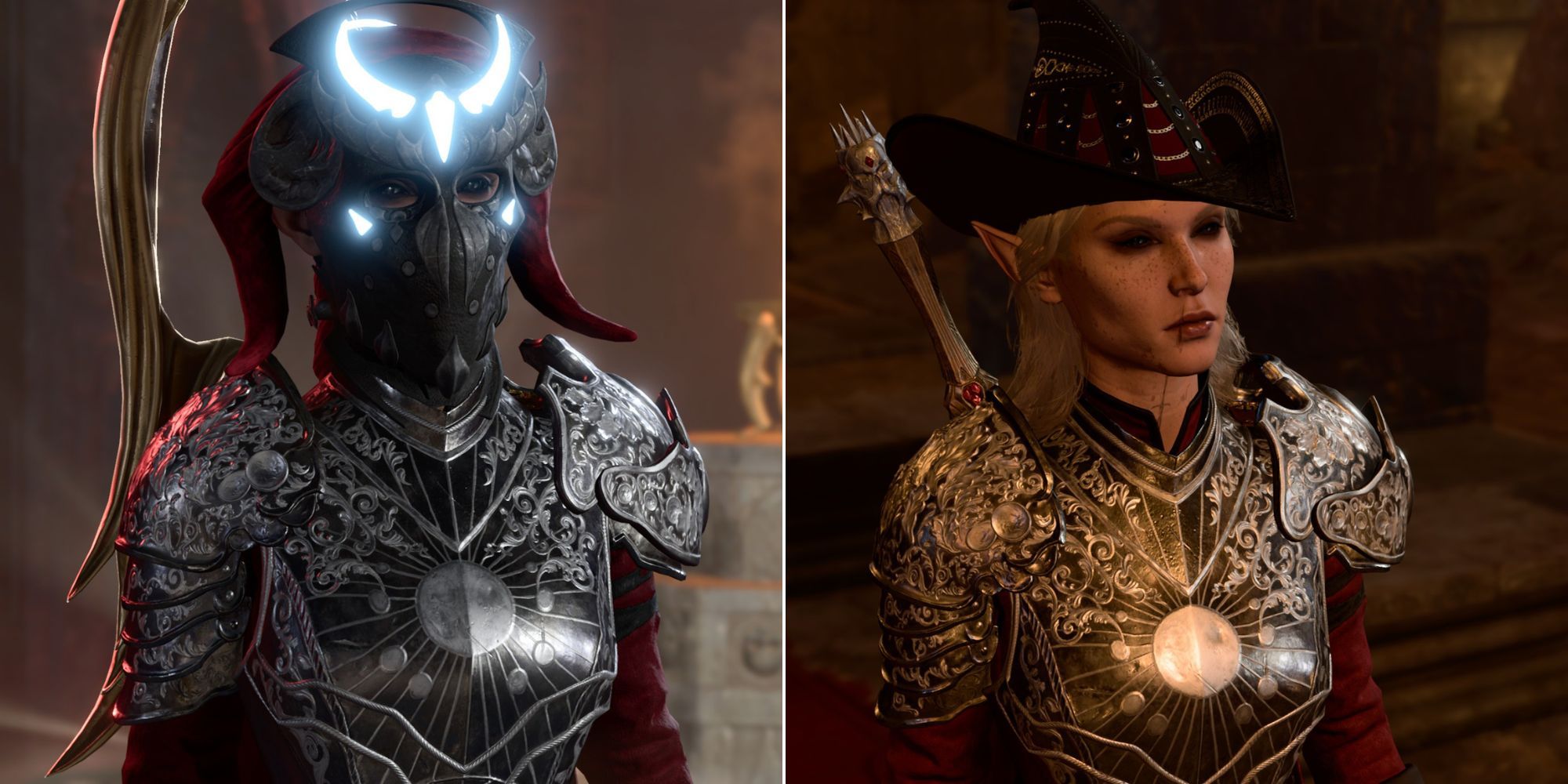 Baldur's Gate 3 split image of player wearing the Mask of Soul Perception and another player wearing Birthright