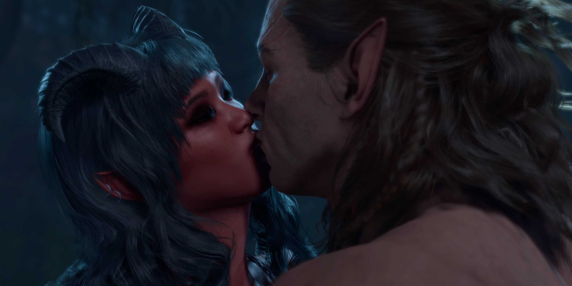 A player character in Baldur's Gate 3 kissing Halsin