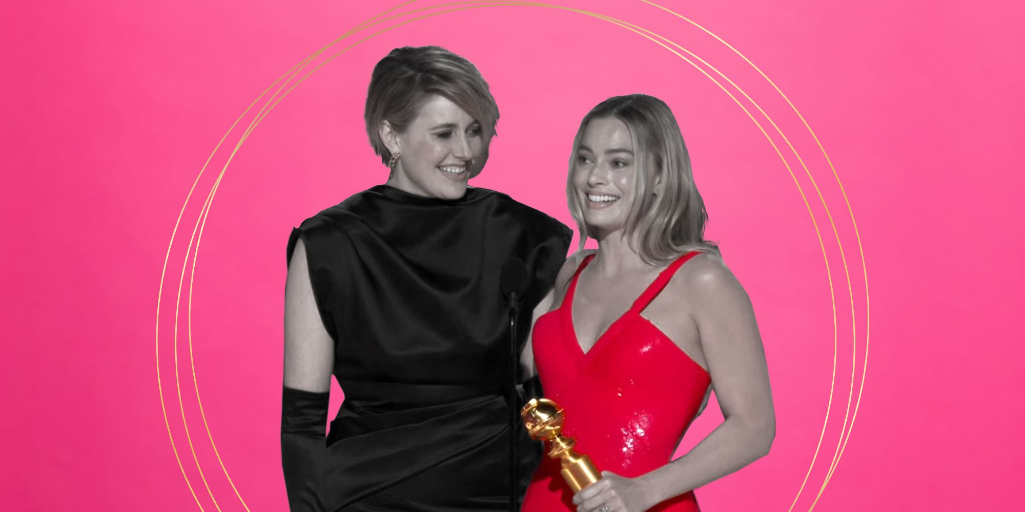A greyed out Greta Gerwig and Margot Robbie accepting the Golden Globe, with Margot's pink dress in colour. They are against a pink gradient background with a golden circle outline in the middle around Gerwig and Robbie.