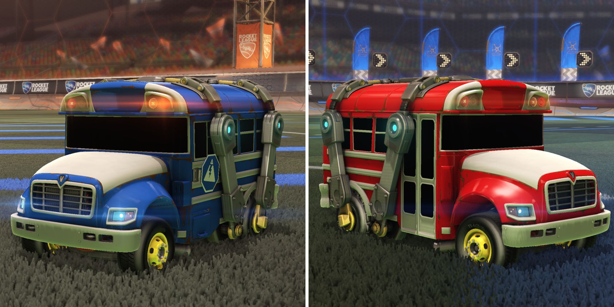 The Battle Bus in the Arena in its red and blue variants in Rocket League.