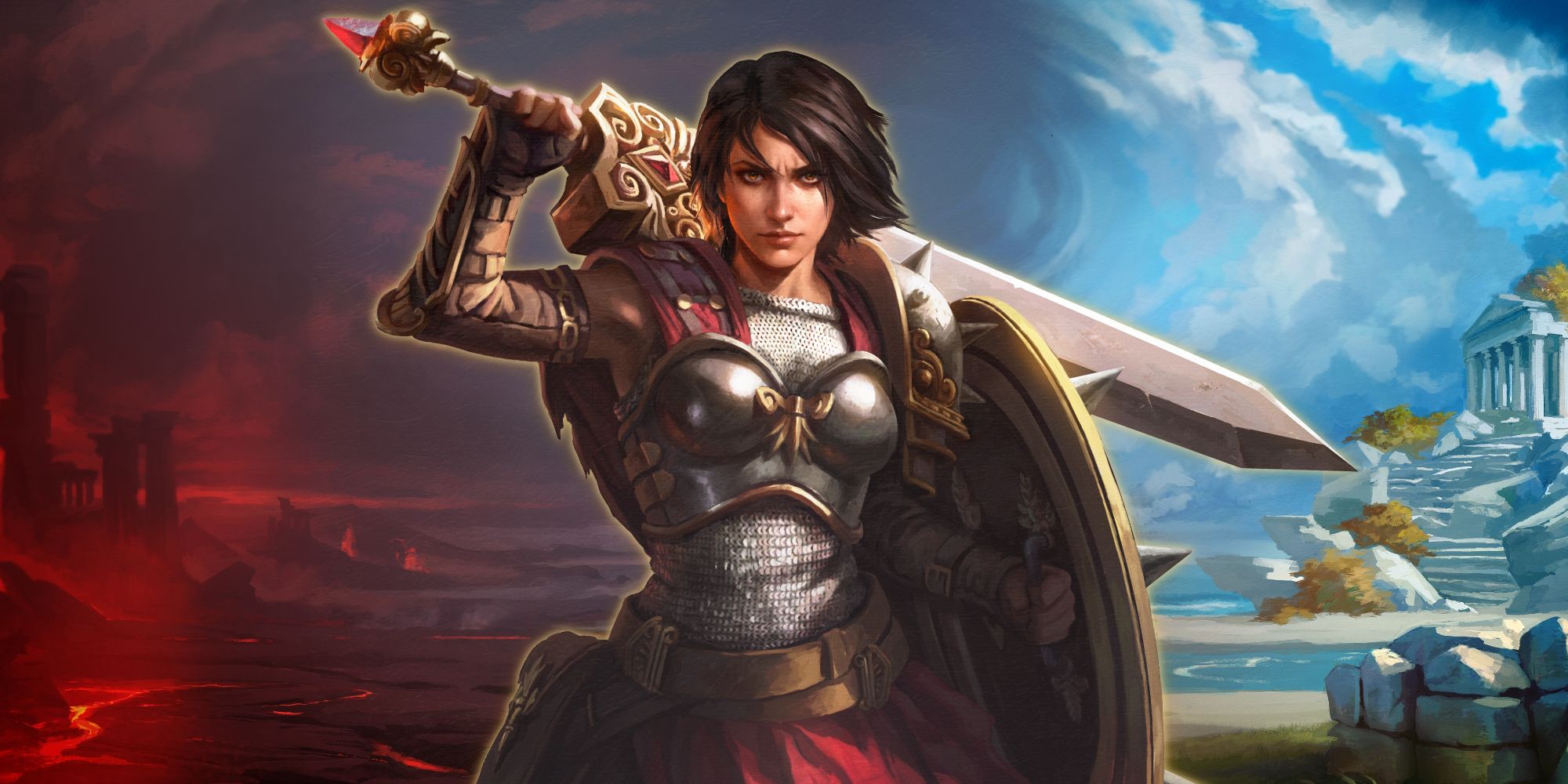 Bellona with Order and Chaos backgrounds on the cover image for the Smite 10 Year Deluxe Edition