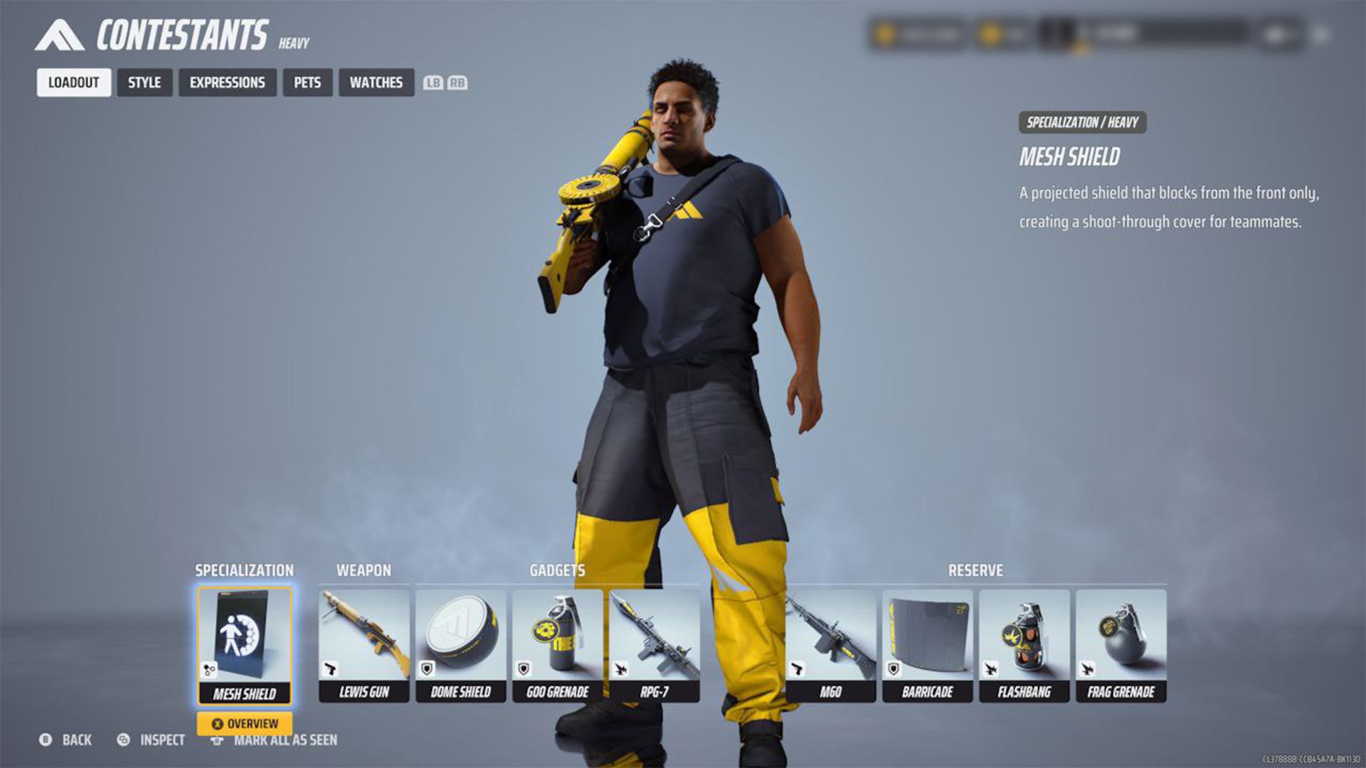 Heavy Class Male Character standing in the gray Contestants Menu holding gun with the loadout (Specialization: Mesh Shield, Weapon: Lewis Gun, Gadgets: Dome Shield, Goo Grenade, RPG-7) listed on lower part.