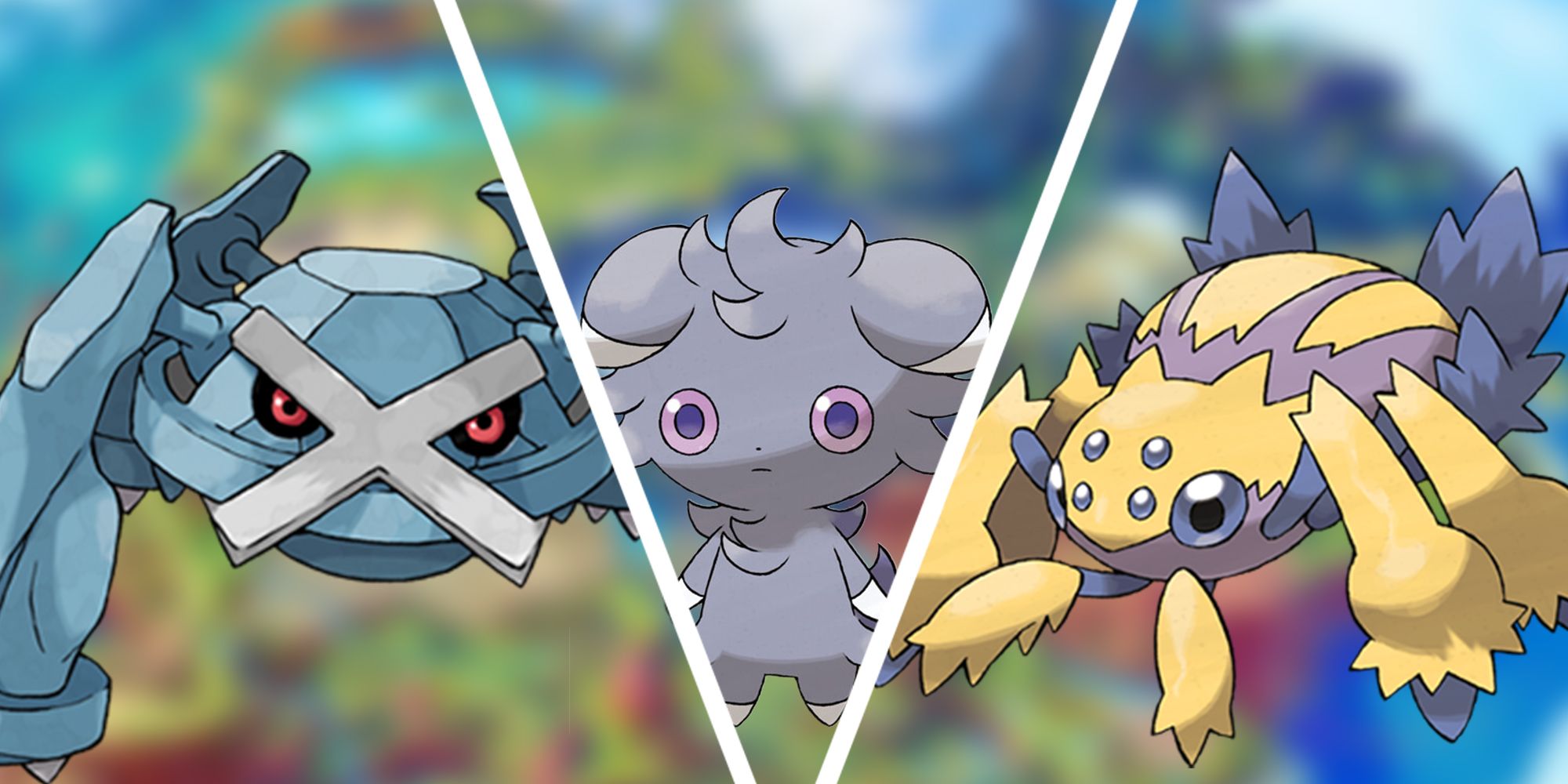 From left to right, Metagross, Espurr, and Galvantula shown posing over a background