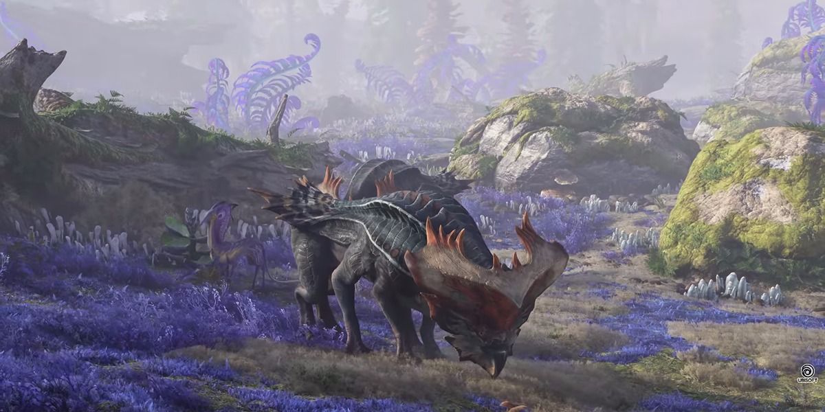 bonehelm rhinos foraging in the fields in avatar: frontiers of pandora