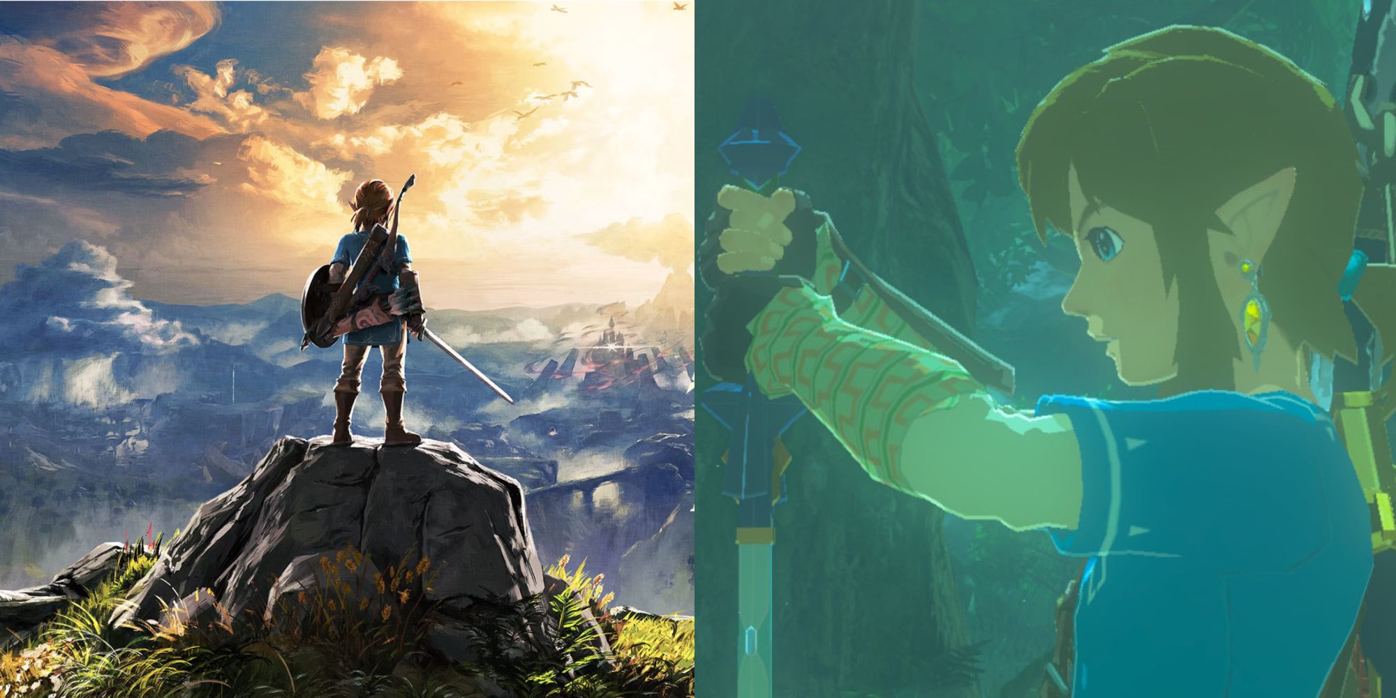 Breath of the Wild How Many Side Quests Are There featured image, with promotional art of link overlooking hyrule and link with the master sword.