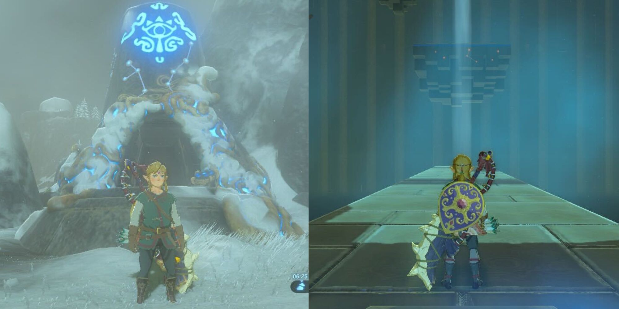 Breath of the Wild split screen of Link in front and inside Sha Warvo shrine.