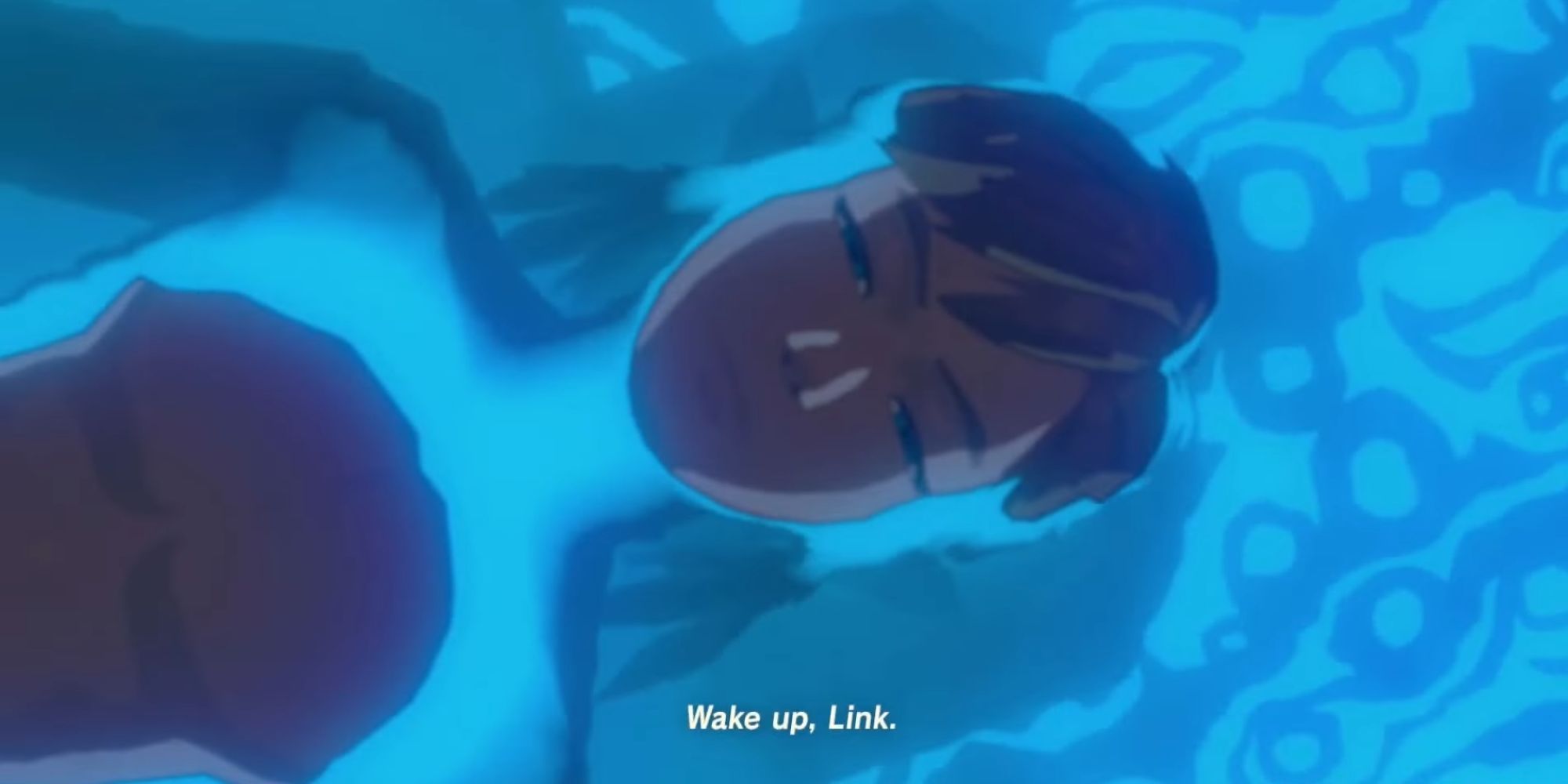 Link beginnt seine Augen zu öffnen, während er von Wasser umgeben liegt
