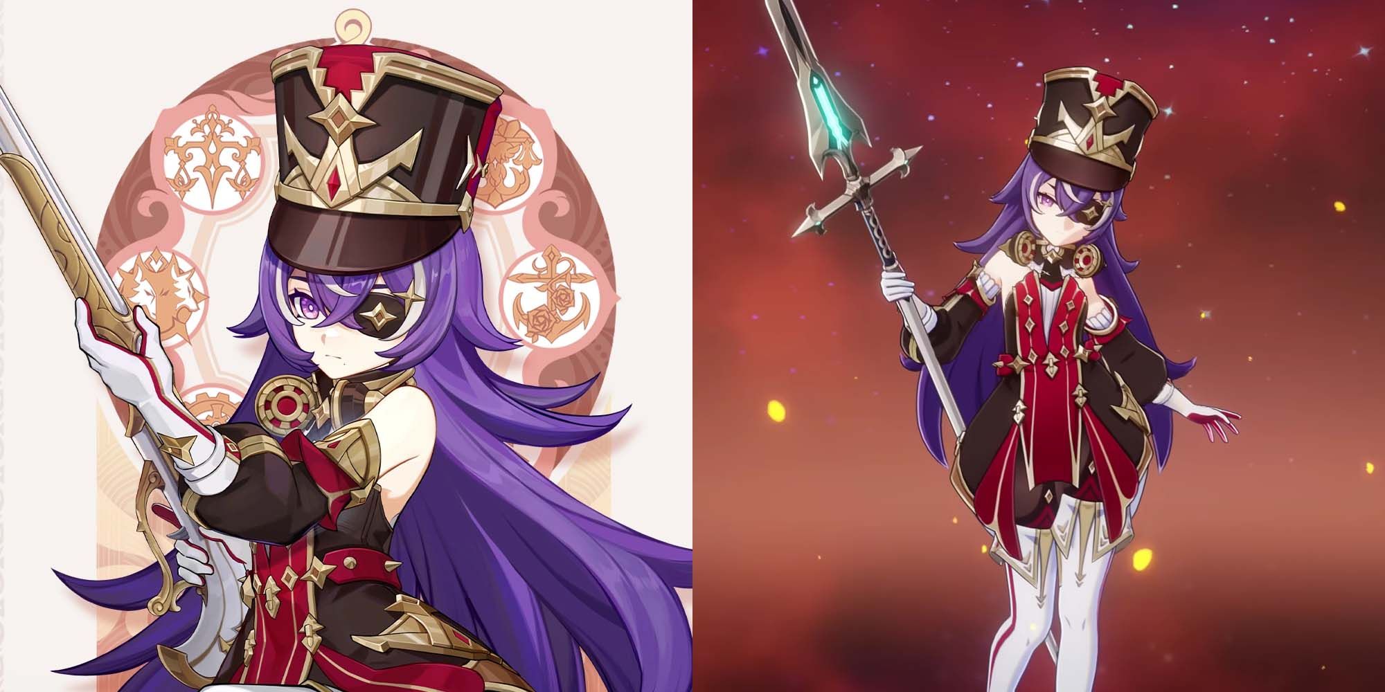 split image of Chevreuse in her character portrait and her holding Favonius Lance in her weapons section in Genshin Impact