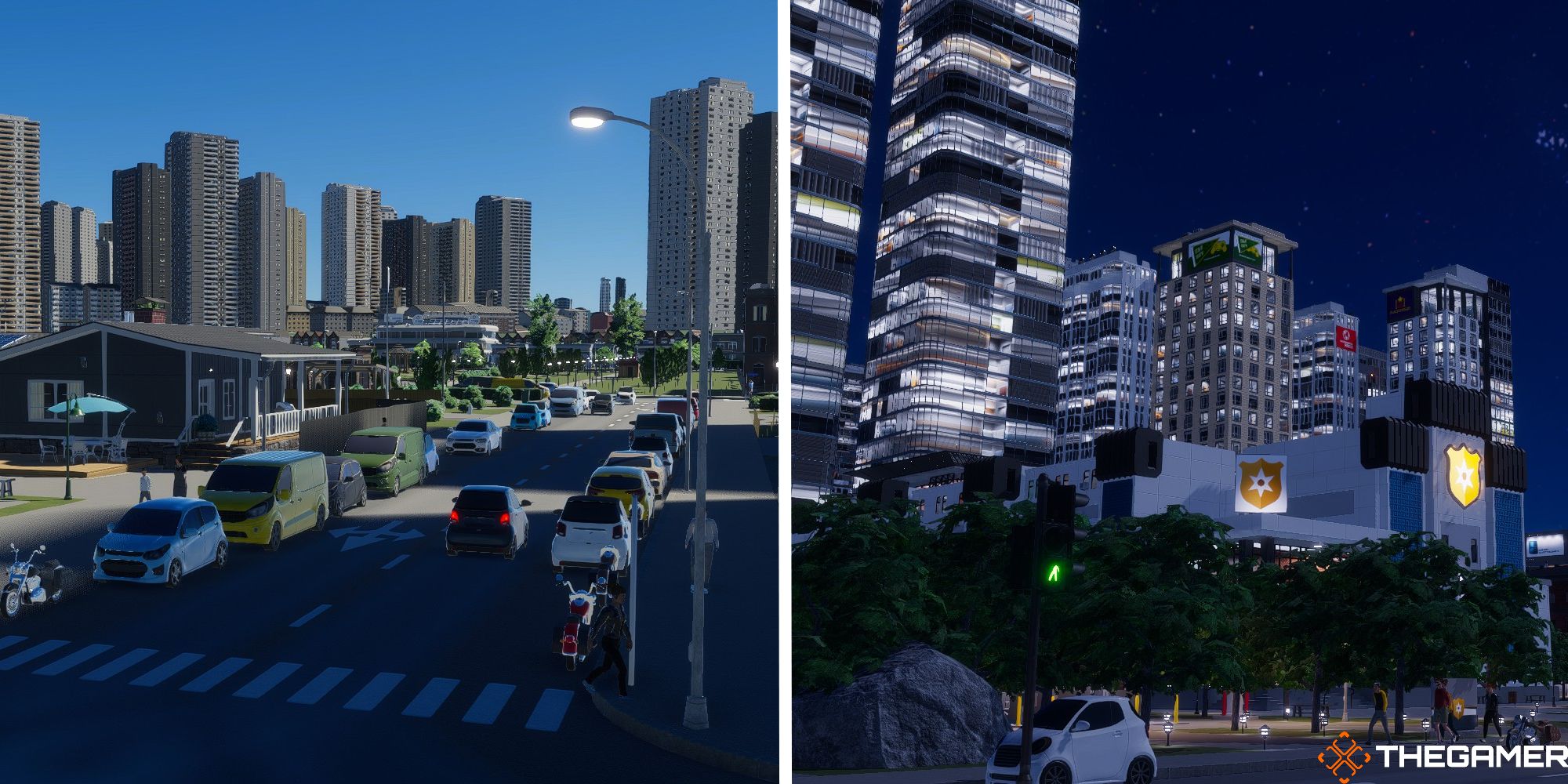 cities skylines 2 split image showing intersection of subrubs next to image of dense city at night