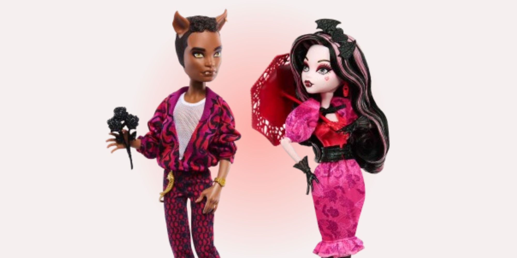 Clawd Wolf and Draculaura Howliday Love edition collector dolls on a gradient background