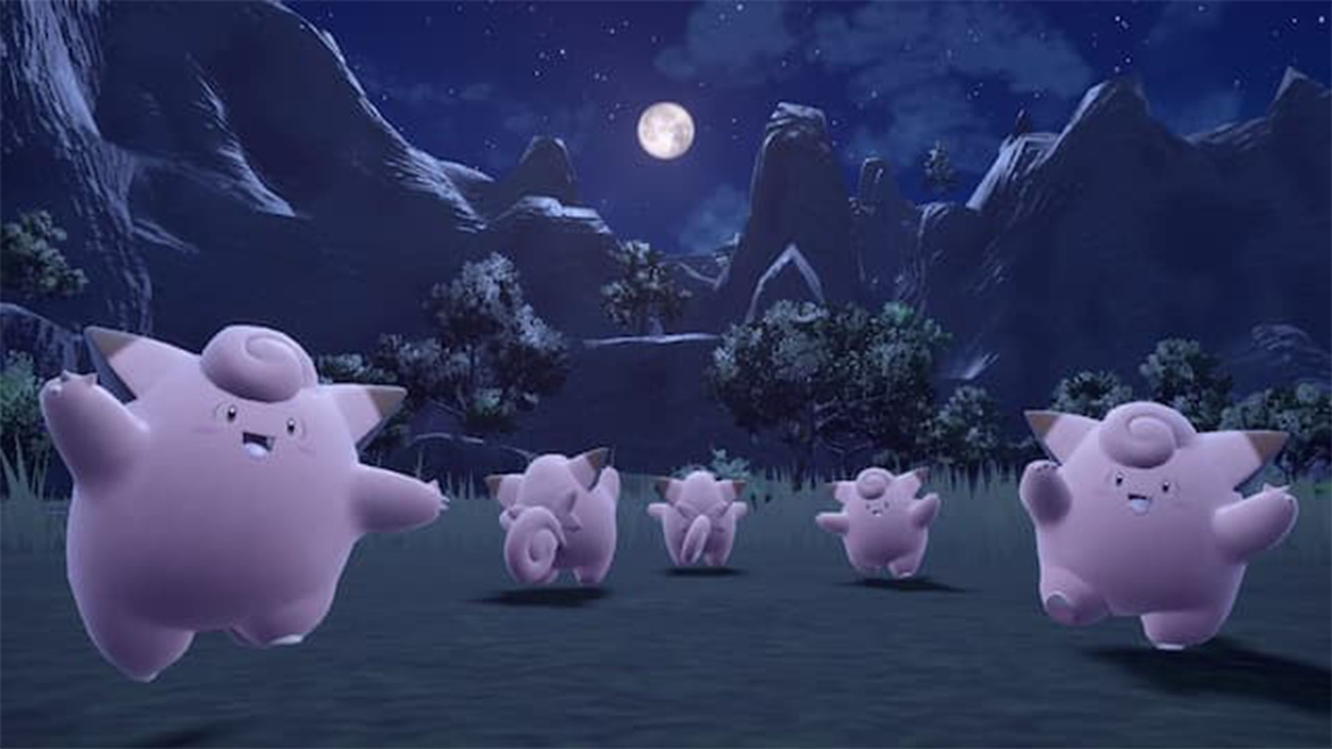 several clefairy gathering around the moon at night