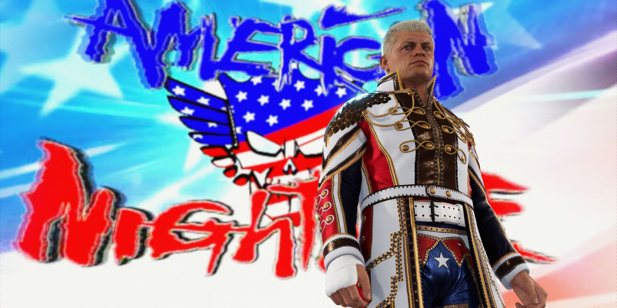 Cody Rhodes in new WWE game standing in front of American Nightmare logo