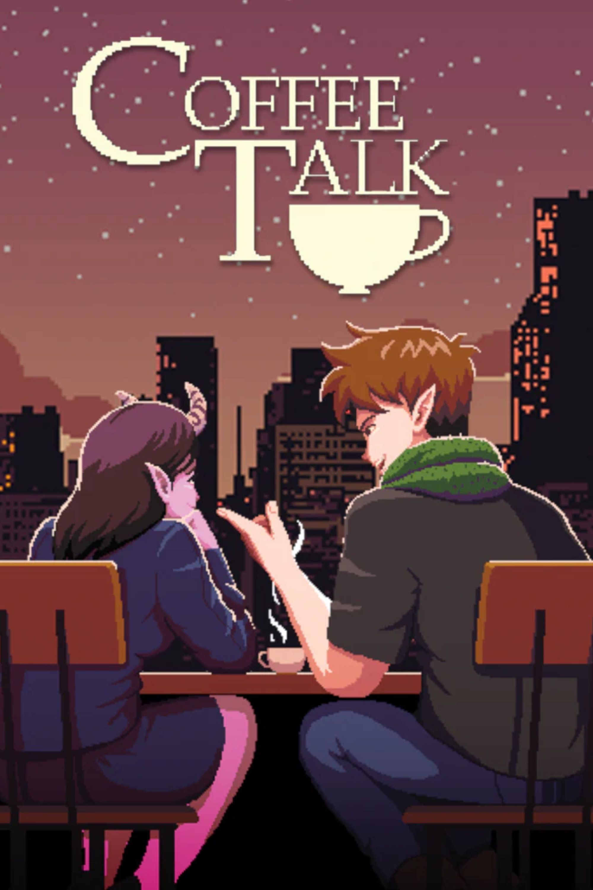 Coffee Talk cover of two people talking by a city skyline